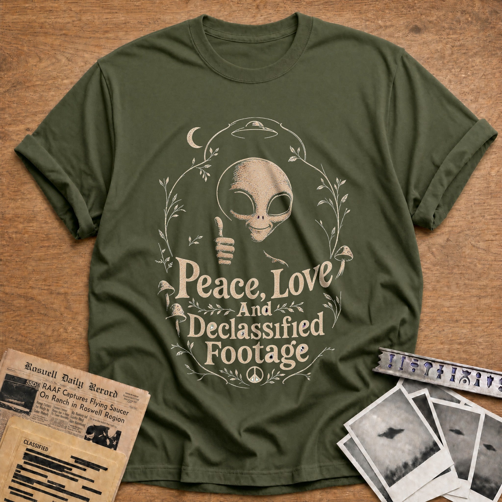 Peace Love And Declassified Footage - Military Green