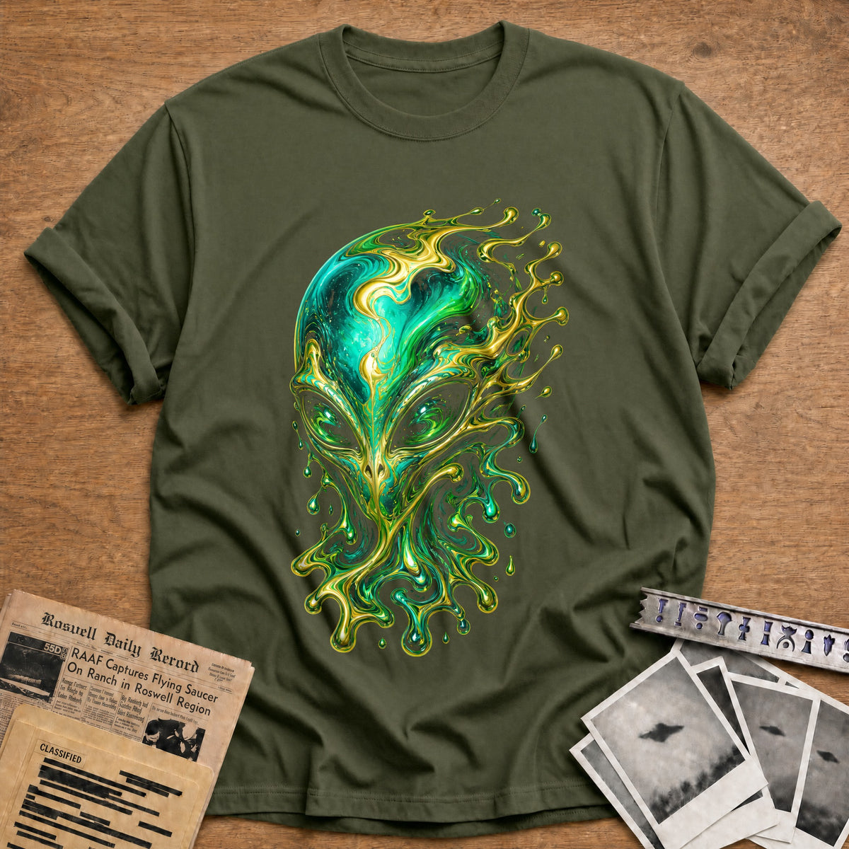 Psychedelic Alien 21 T-Shirt - Military Green