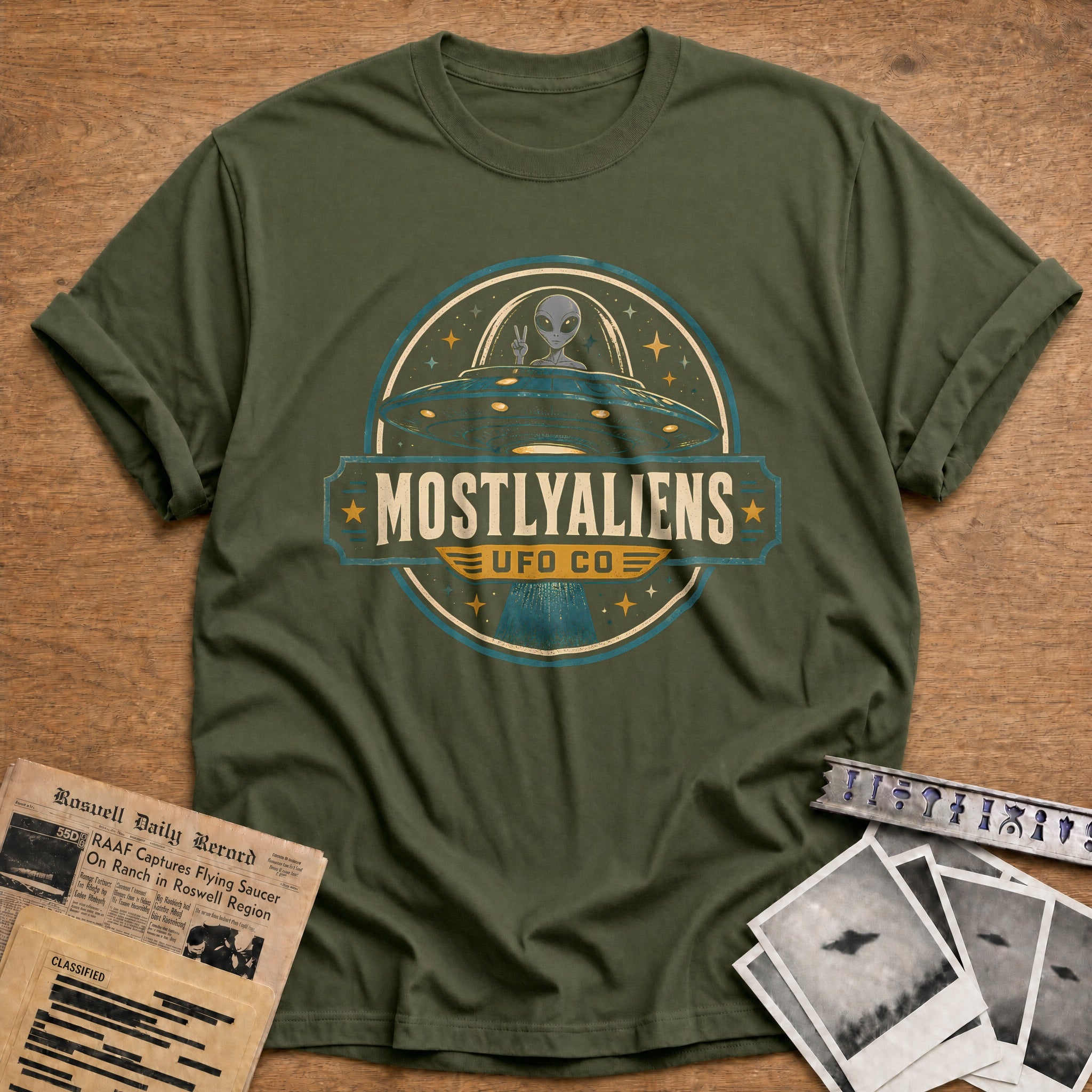 Retro Ufo Badge Teal 21 T-Shirt - Military Green