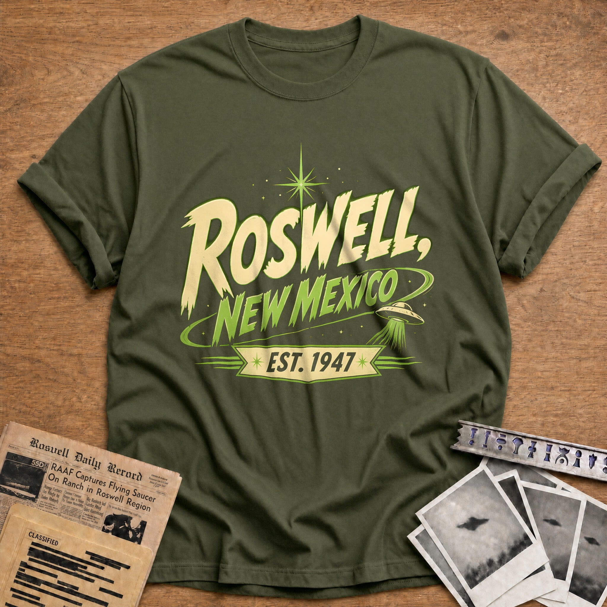 Roswell Est 1947 40 T-Shirt - Military Green