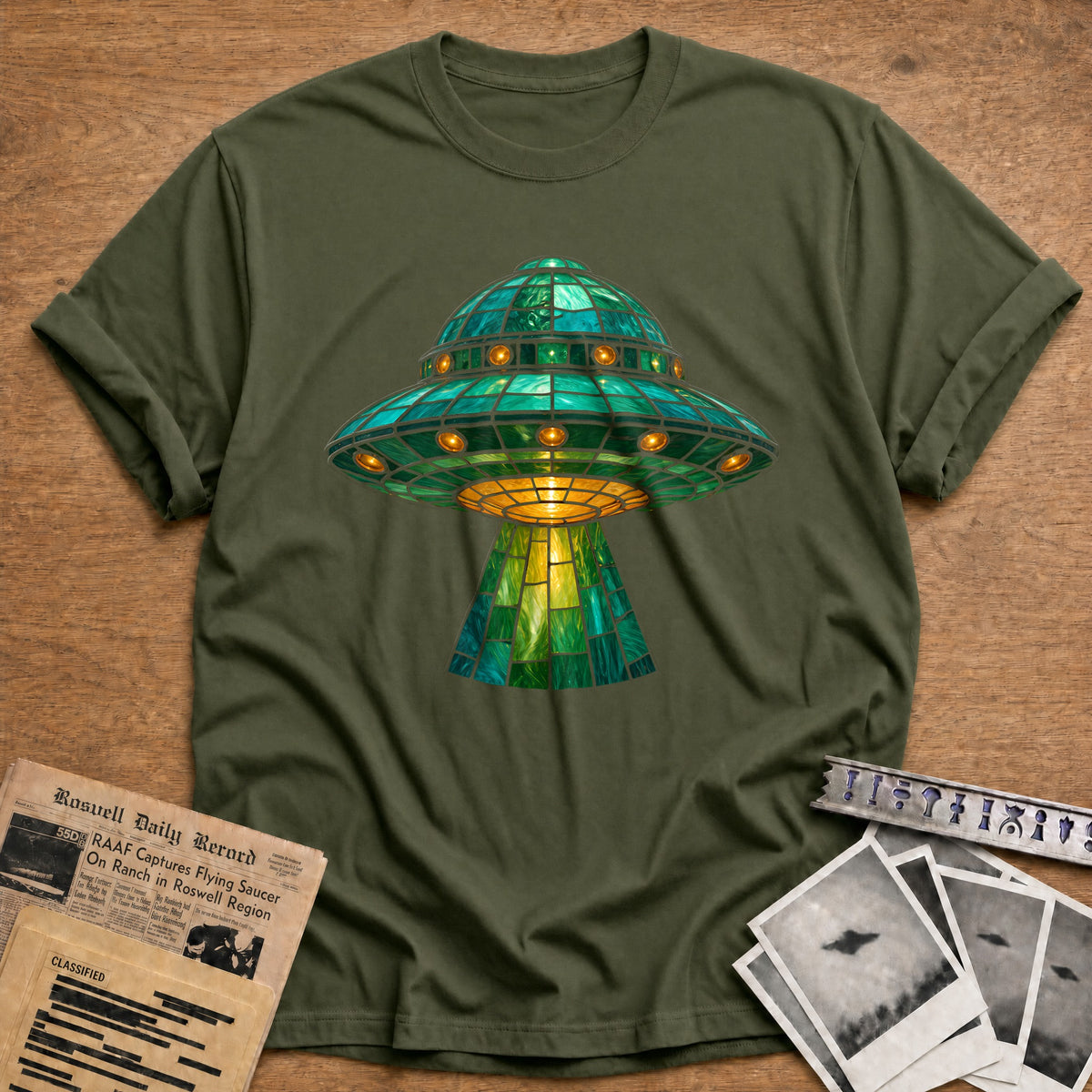 Stained Glass UFO 23 T-Shirt - Military Green