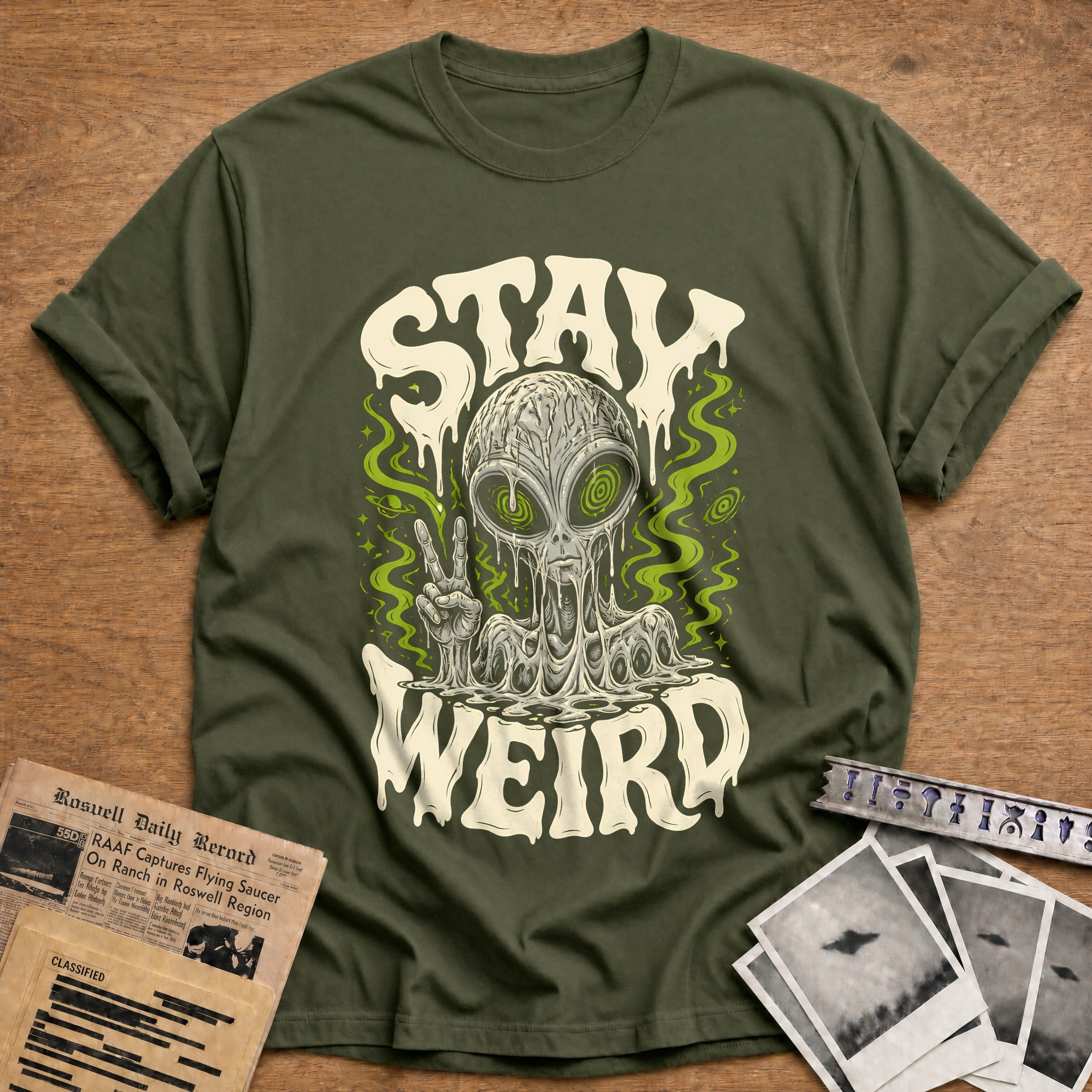 Stay Weird Acid 56 T-Shirt - Military Green