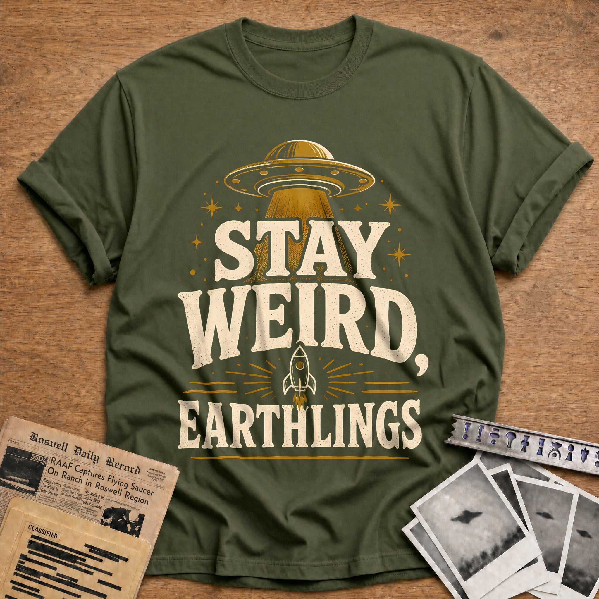 Stay Weird Earthlings 43 T-Shirt - Military Green