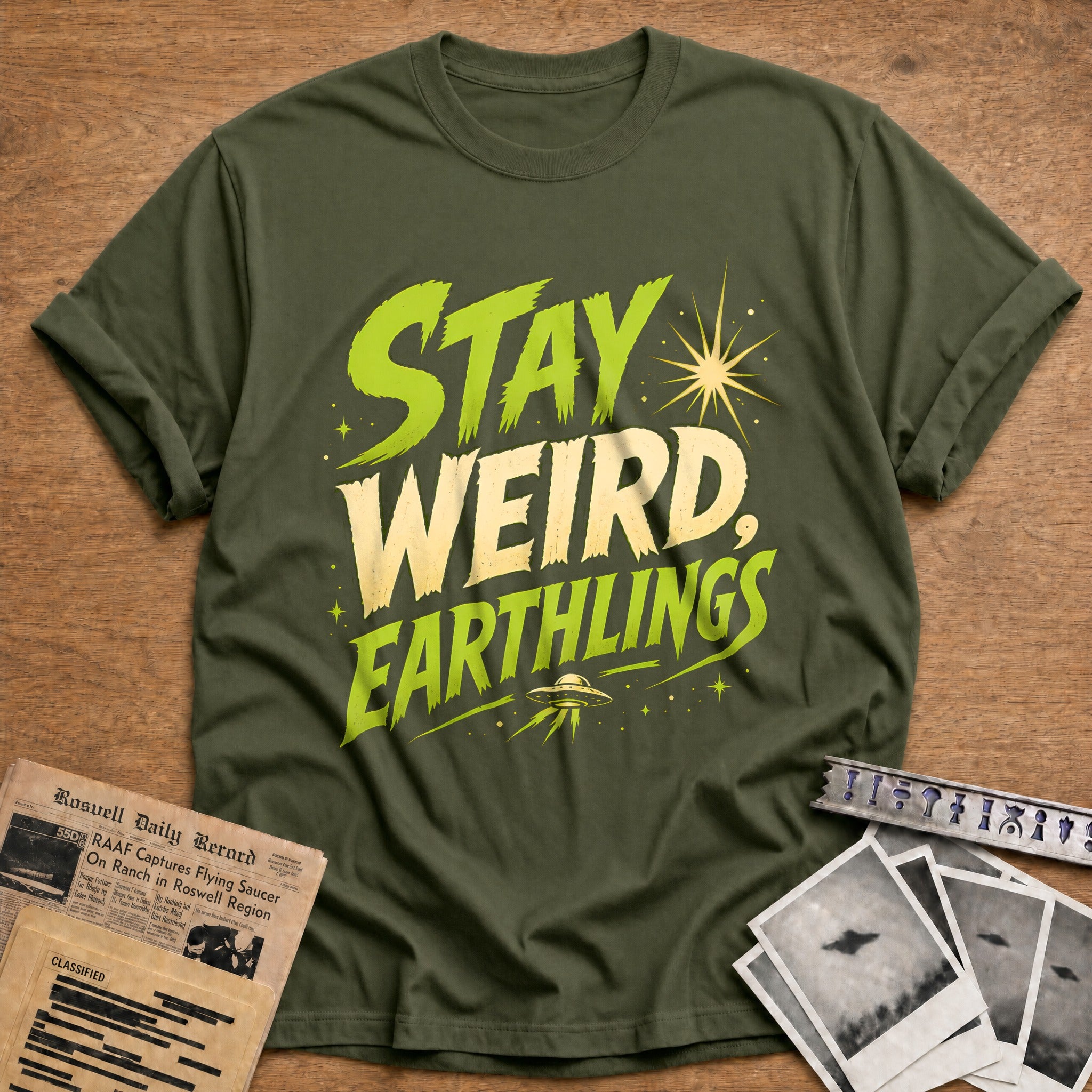 Stay Weird Earthlings 83 T-Shirt - Military Green