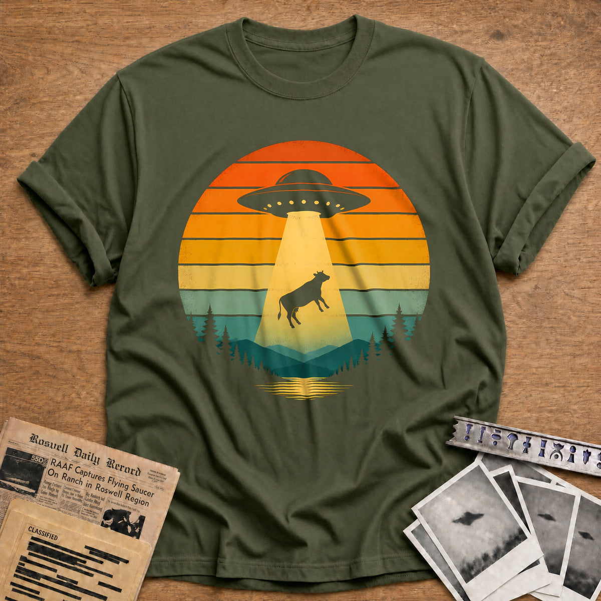 Sunset Cow Abduction 26 T-Shirt - Military Green