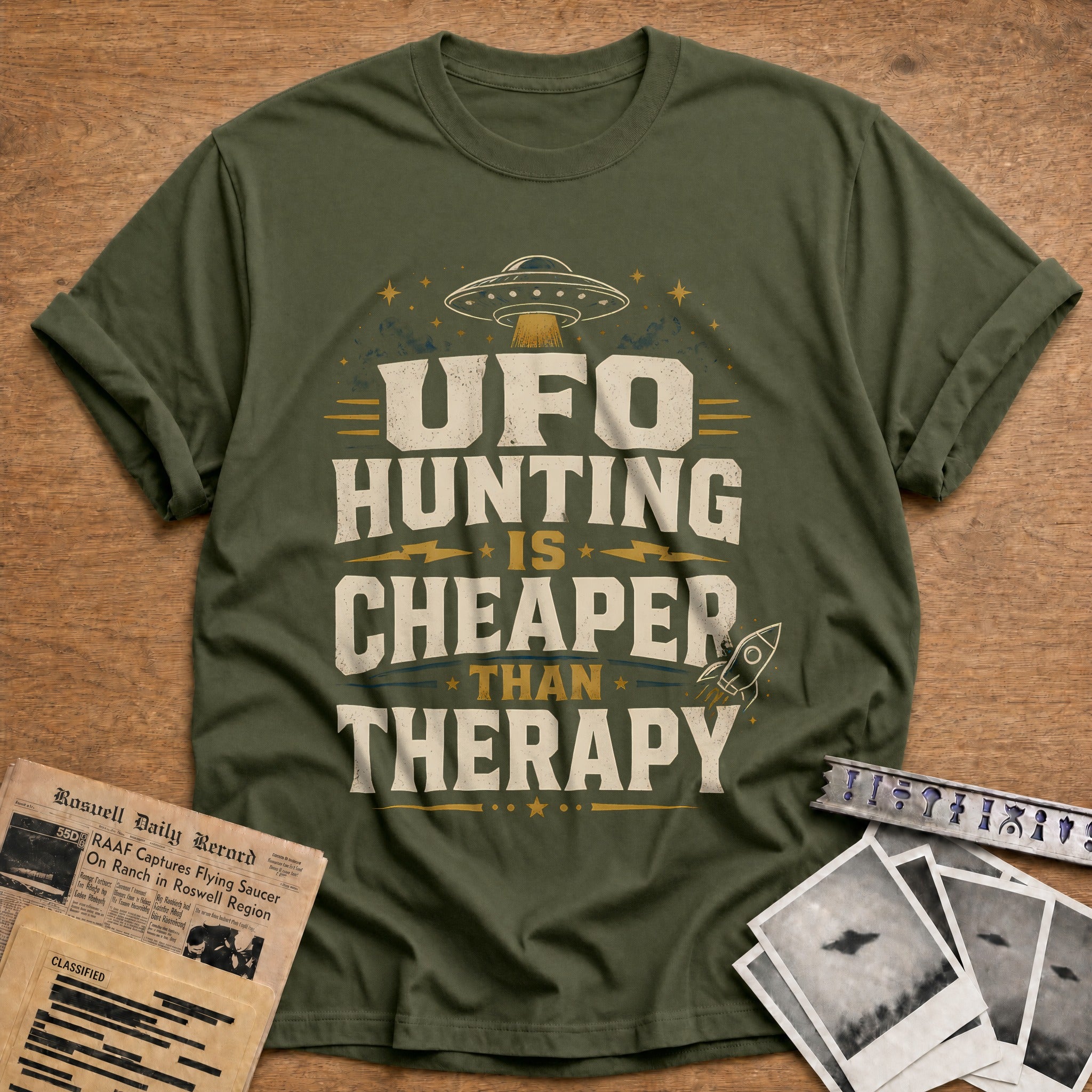 Ufo Hunting Is Cheaper Than Therapy 51 T-Shirt - Military Green