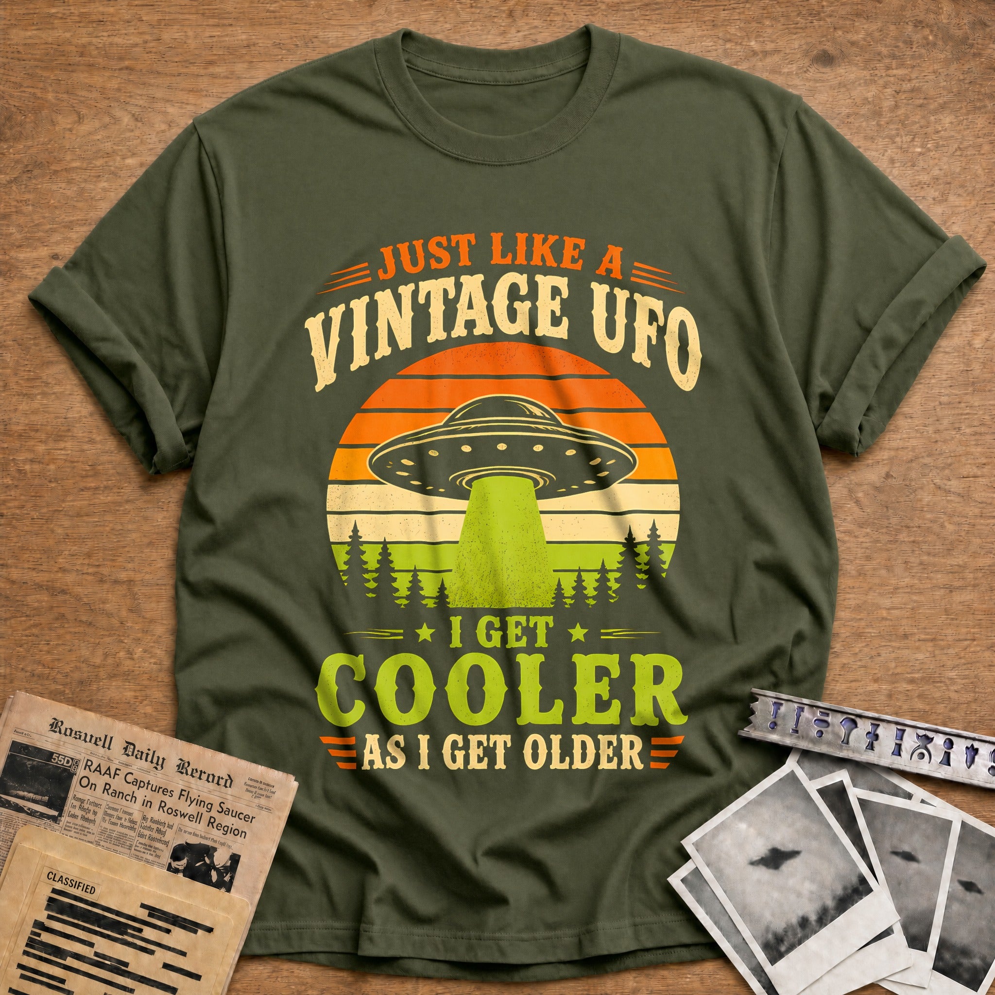 Vintage Ufo Cooler Older 45 T-Shirt - Military Green