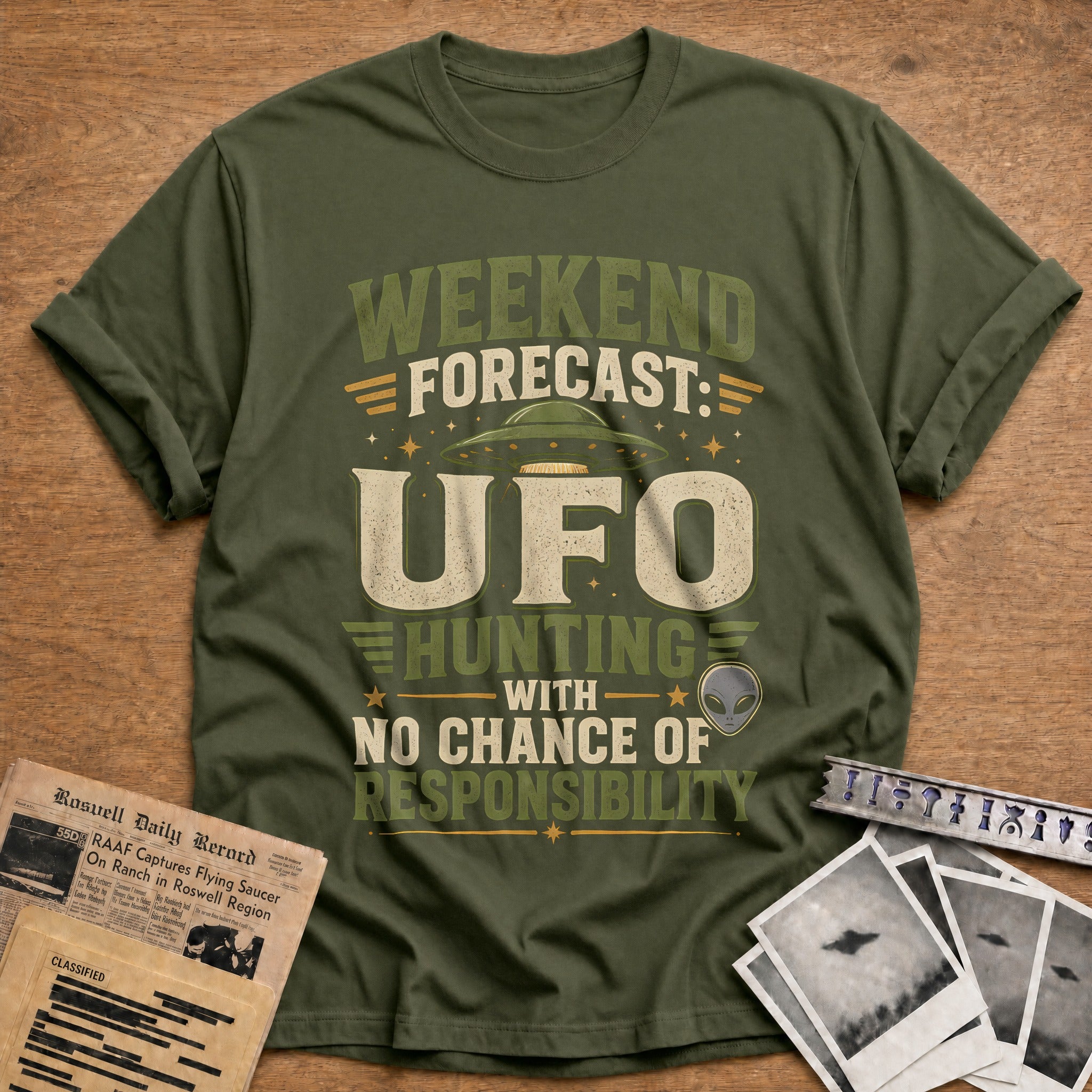 Weekend Forecast Ufo Hunting With No Chance Of Responsibilit 38 T-Shirt - Military Green