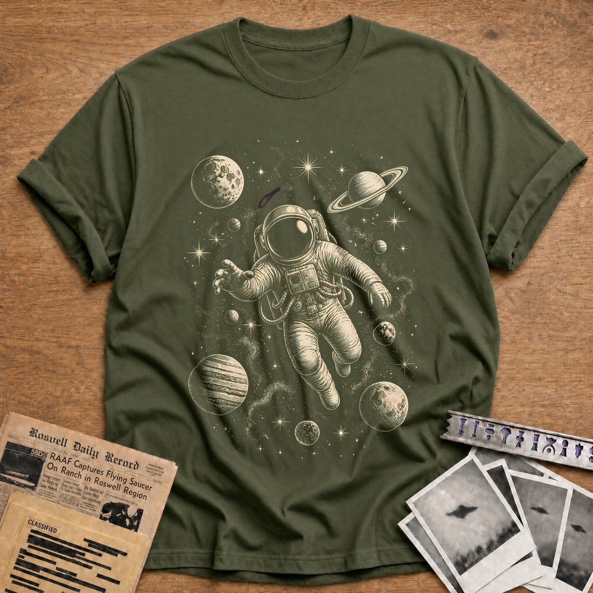 Woodcut Astronaut 26 T-Shirt - Military Green