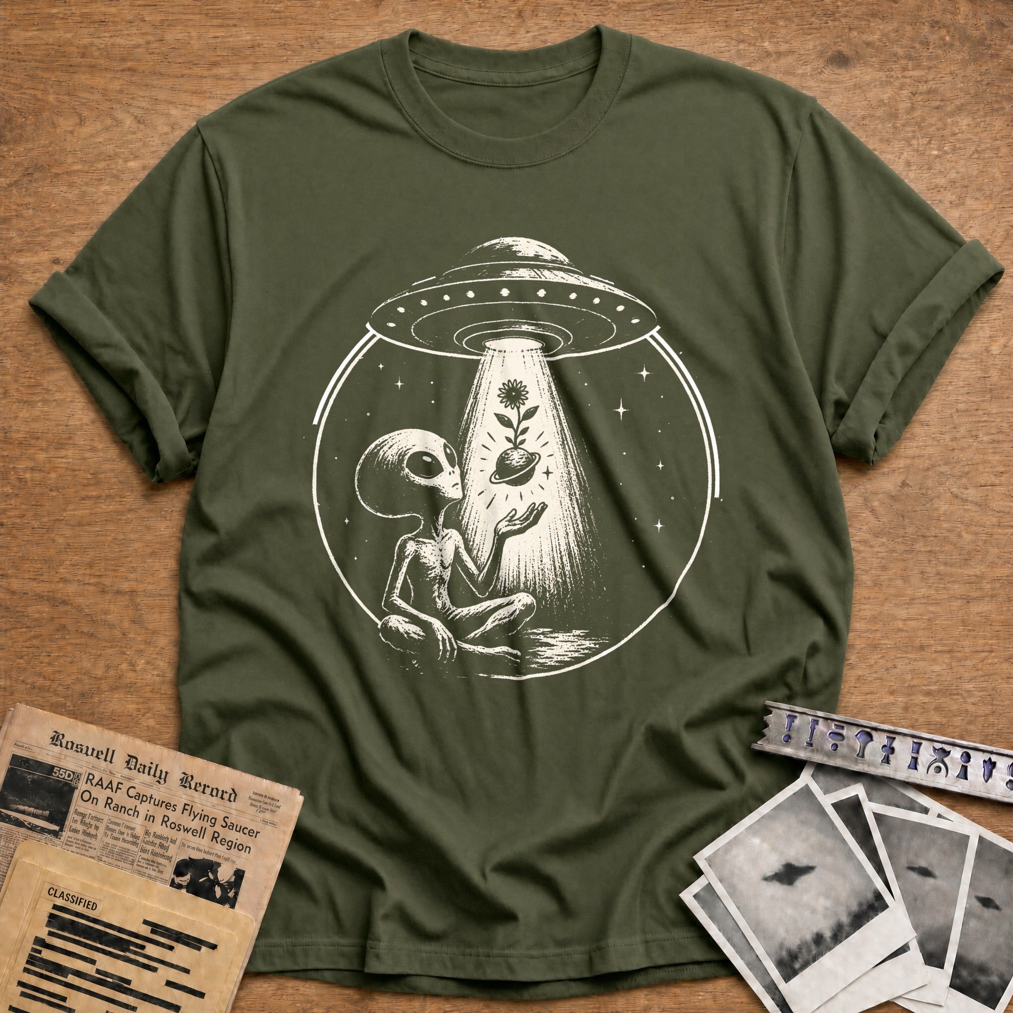 alien abduct flower planet space meme - Military Green