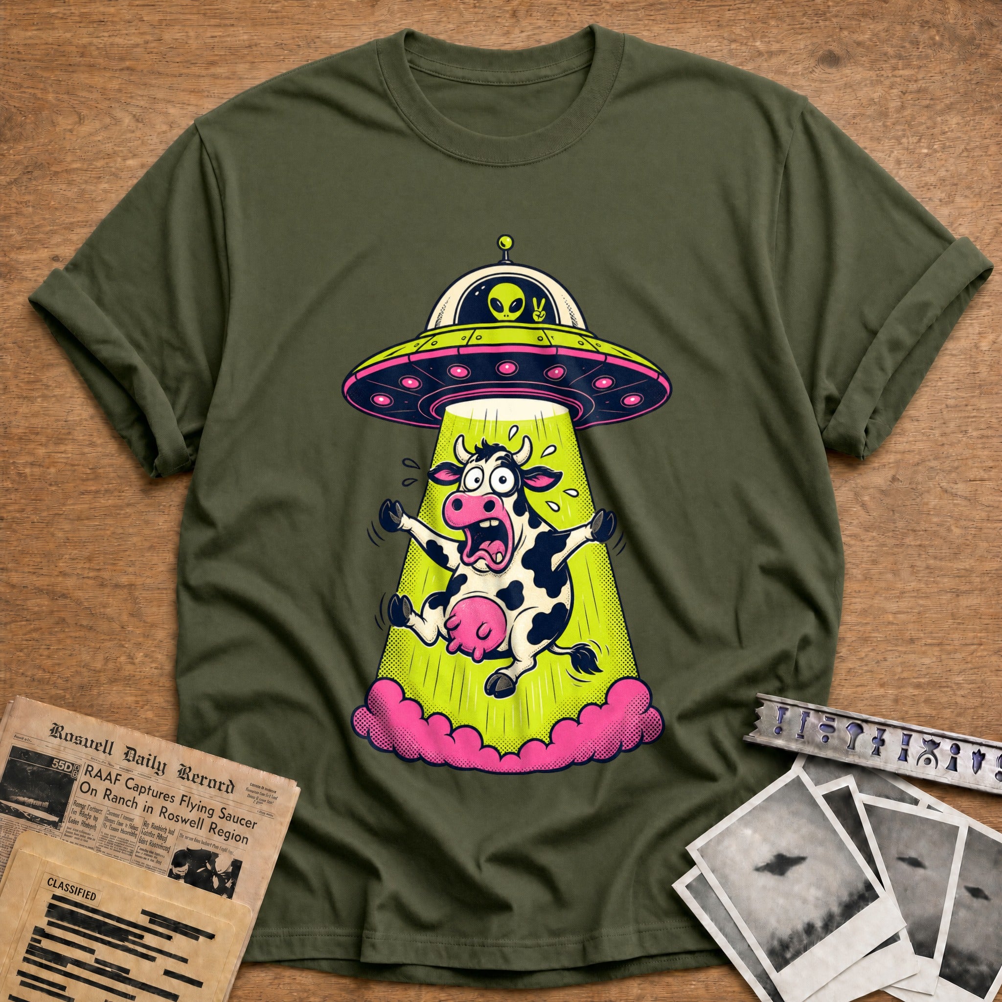 alien abduction cow funny - Military Green