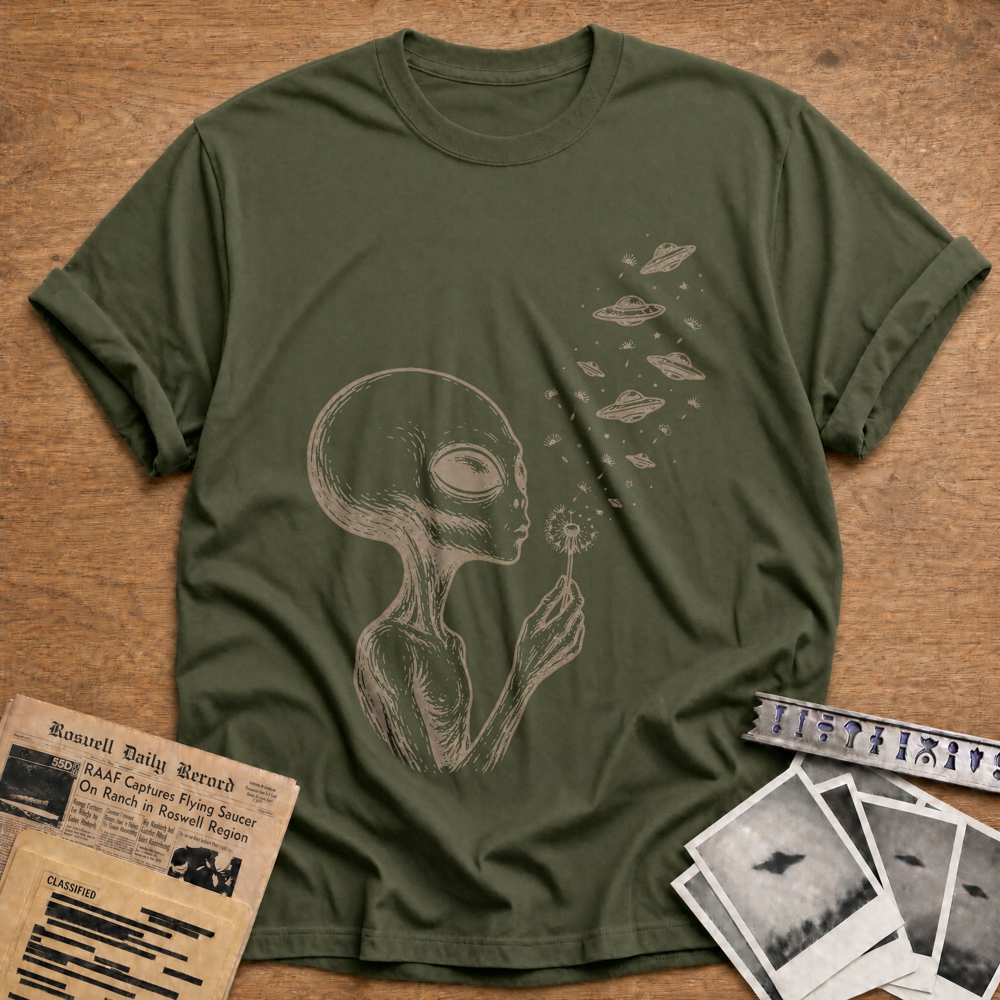 alien dandelion wishes ufo funny - Military Green