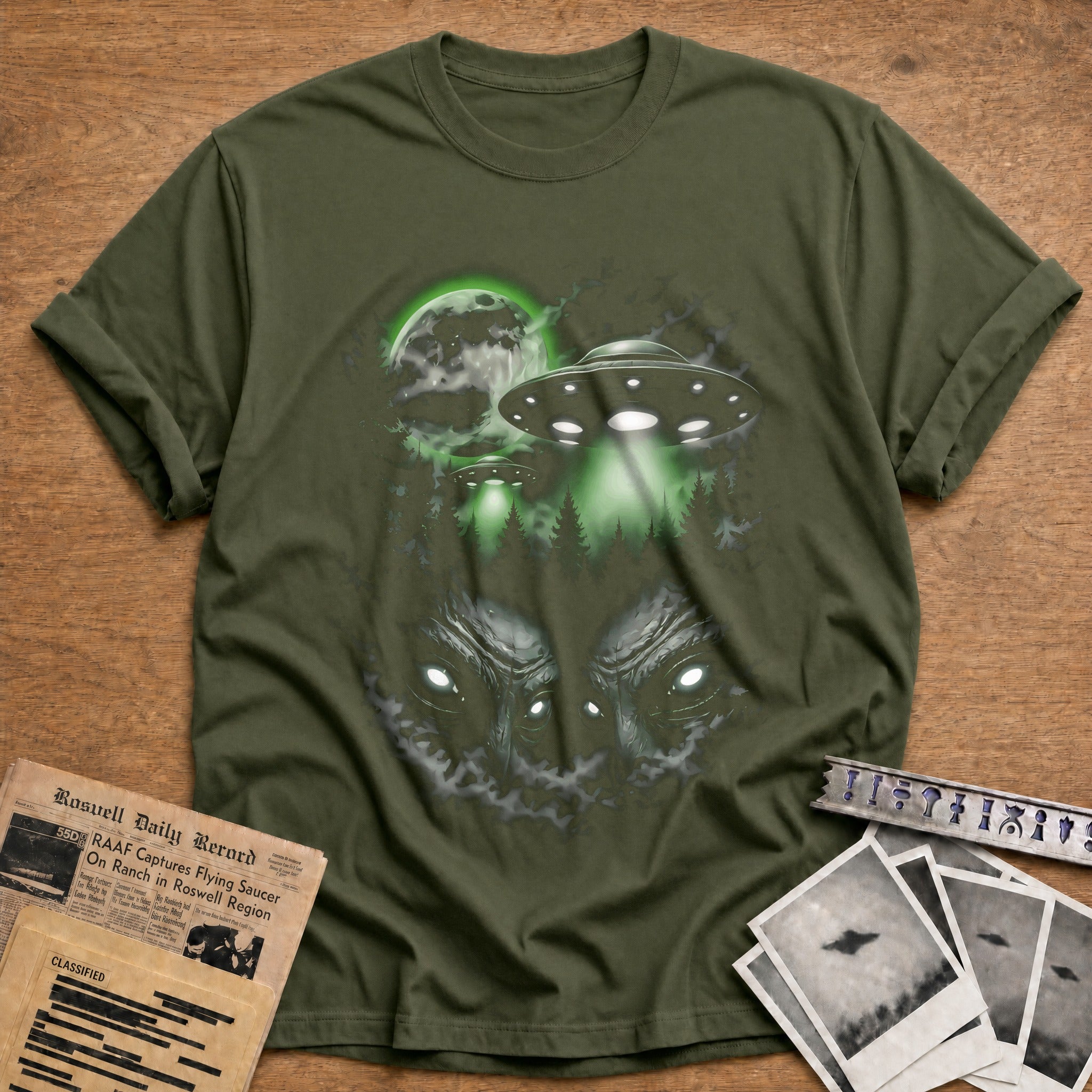 alien ufo forest moon sci fi - Military Green