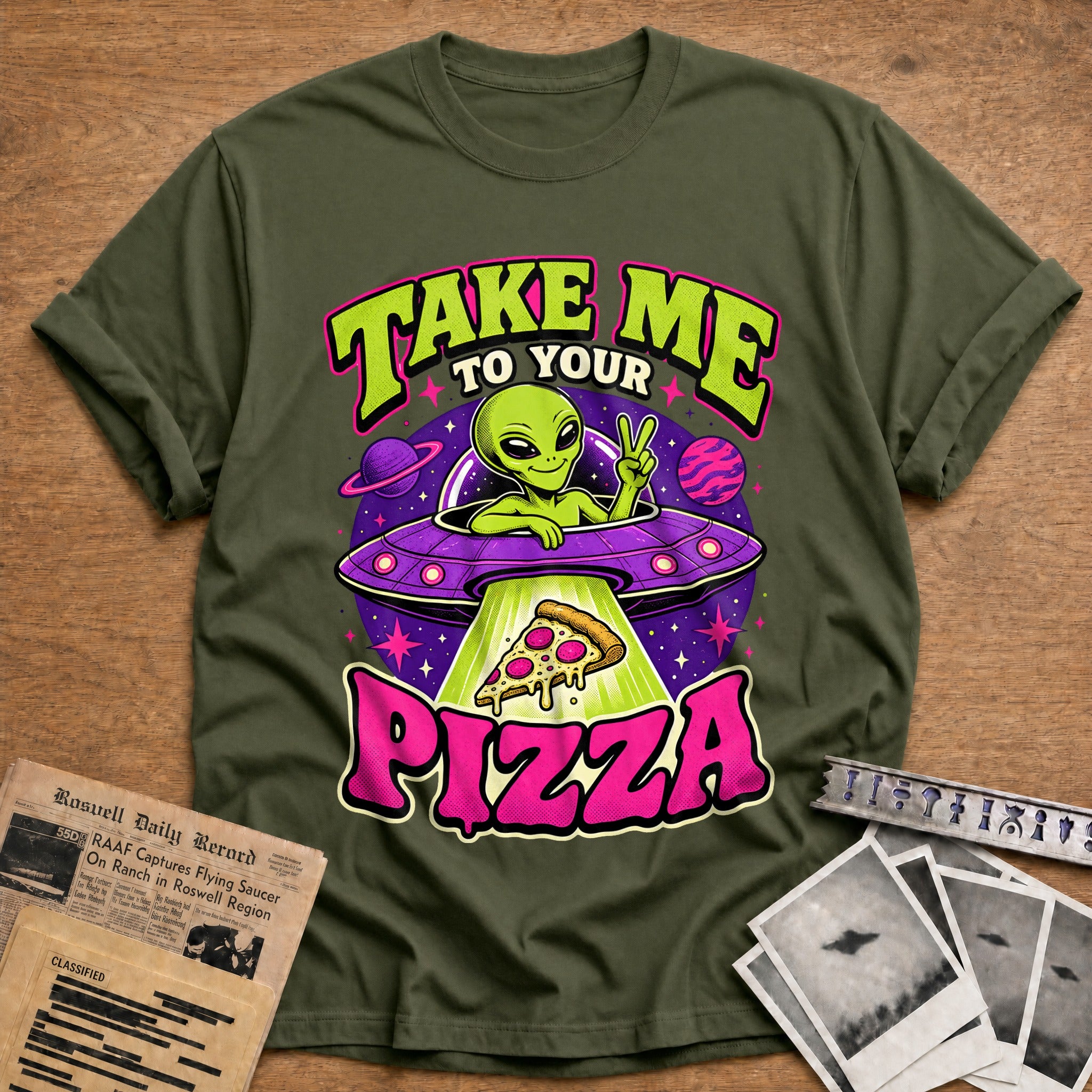 take me to your pizza alien ufo funny - Military Green