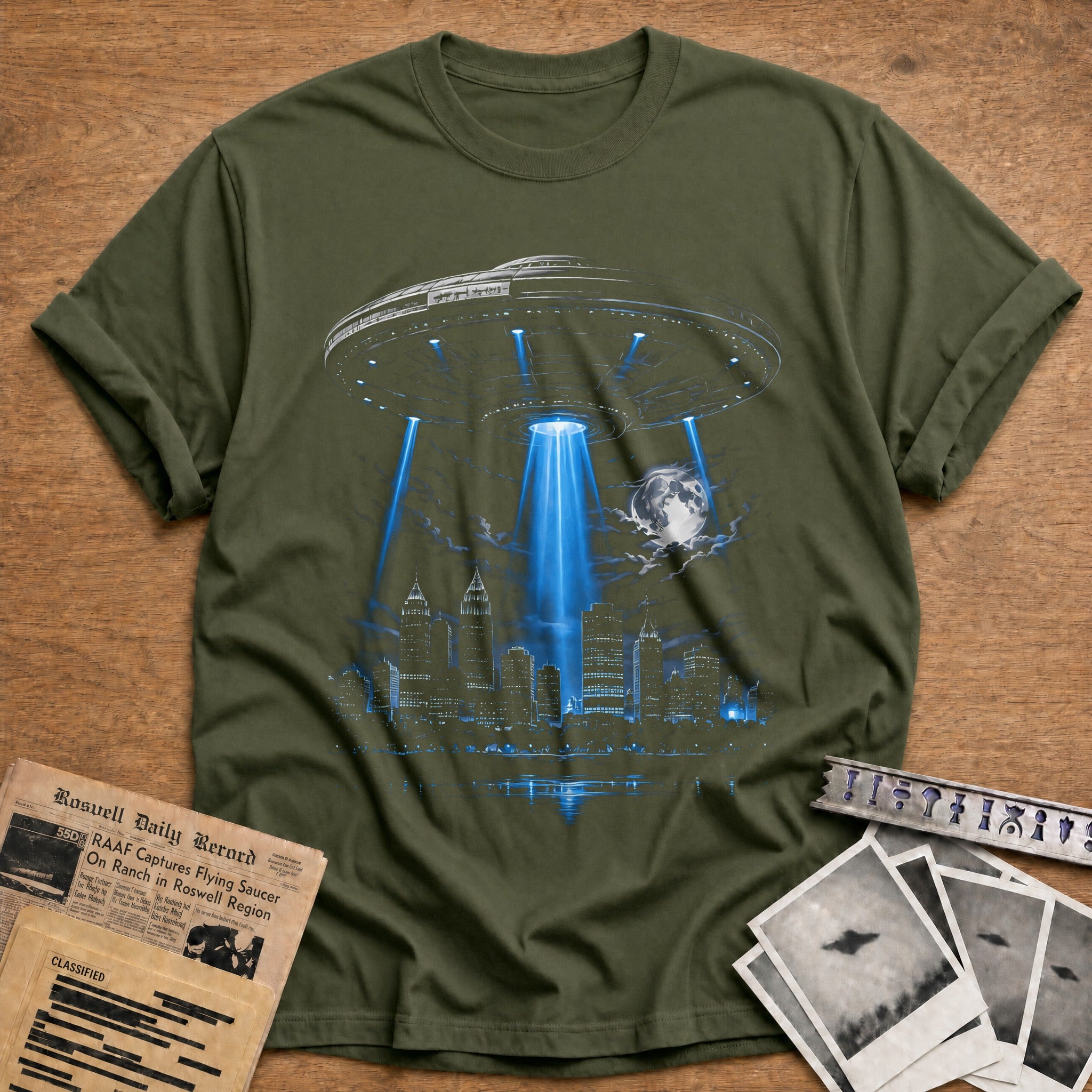 ufo abduction city skyline funny - Military Green