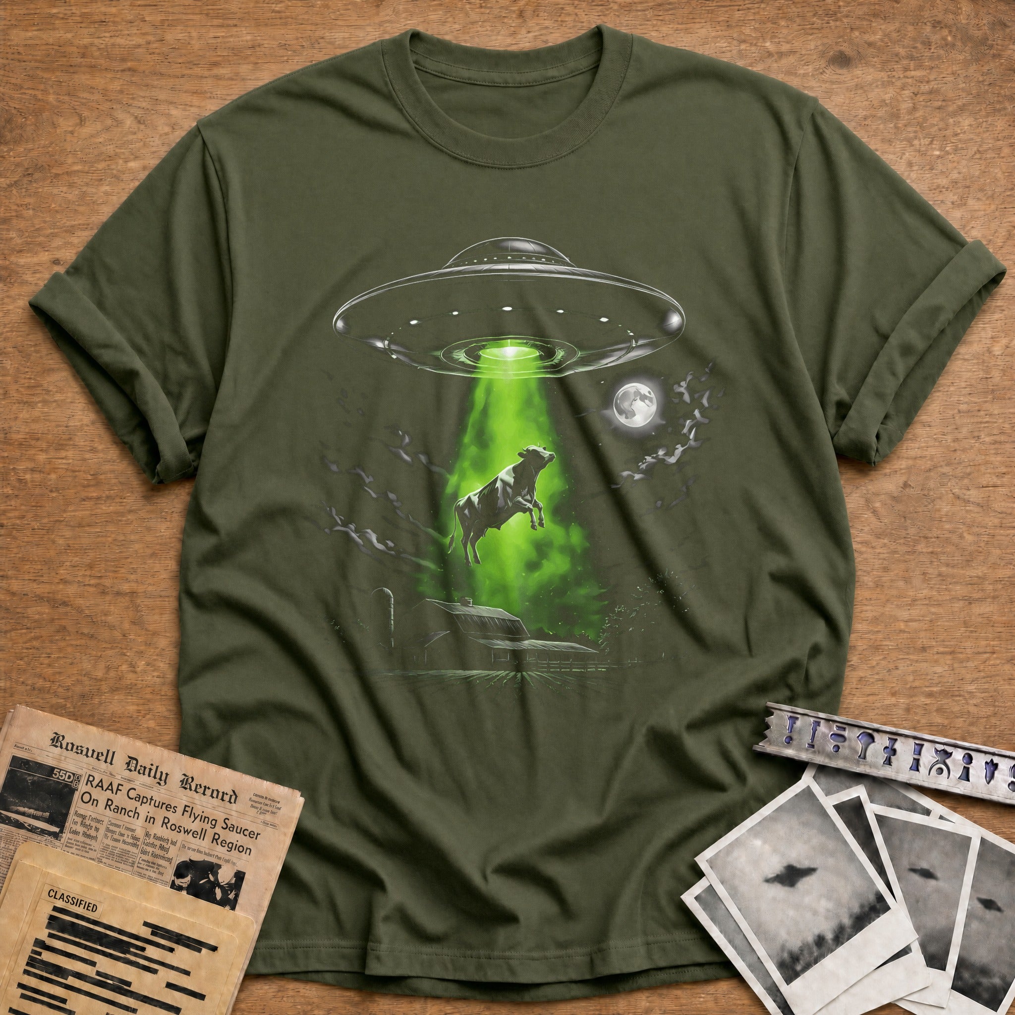 ufo cow abduction alien funny - Military Green