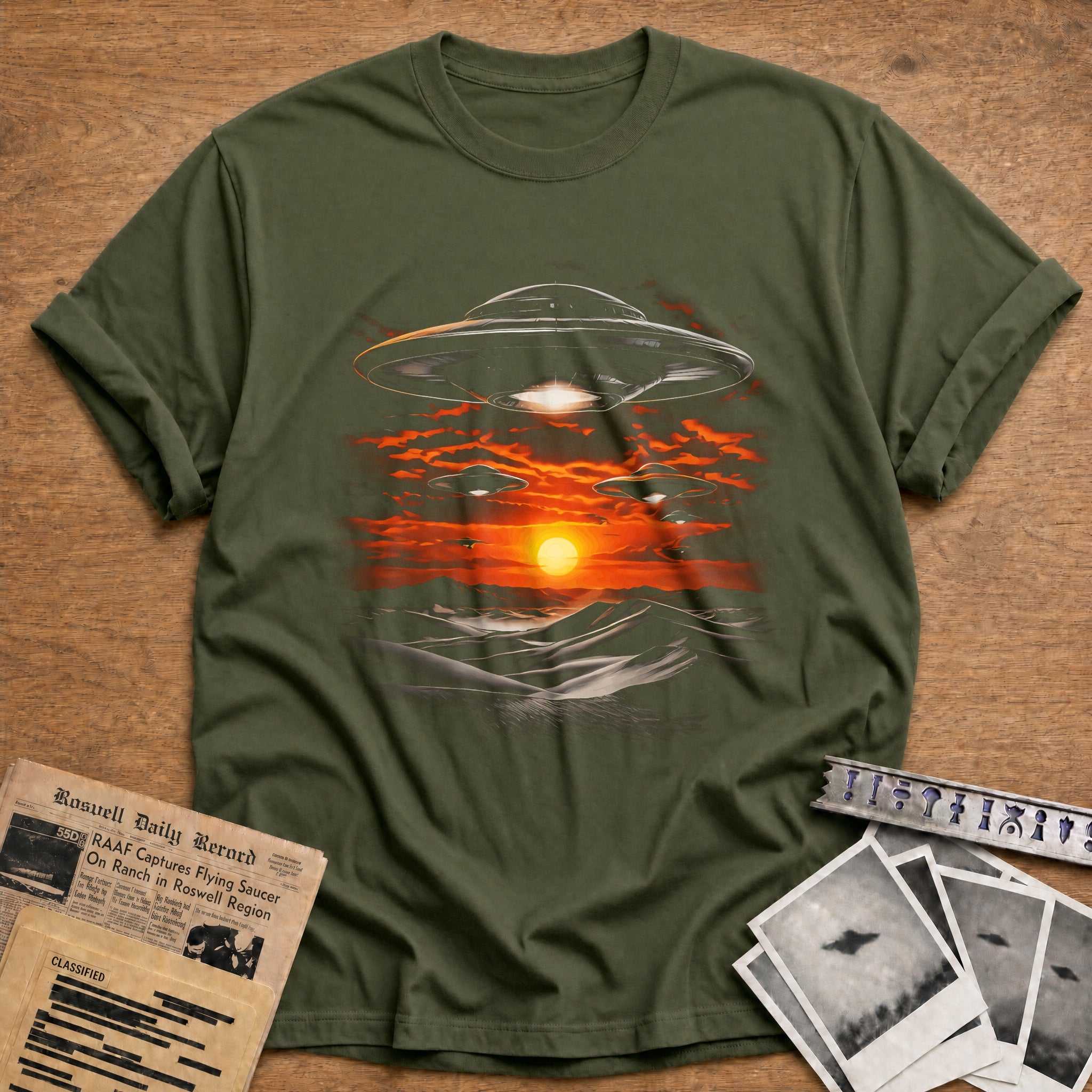 ufo invasion desert sunset alien sci fi - Military Green