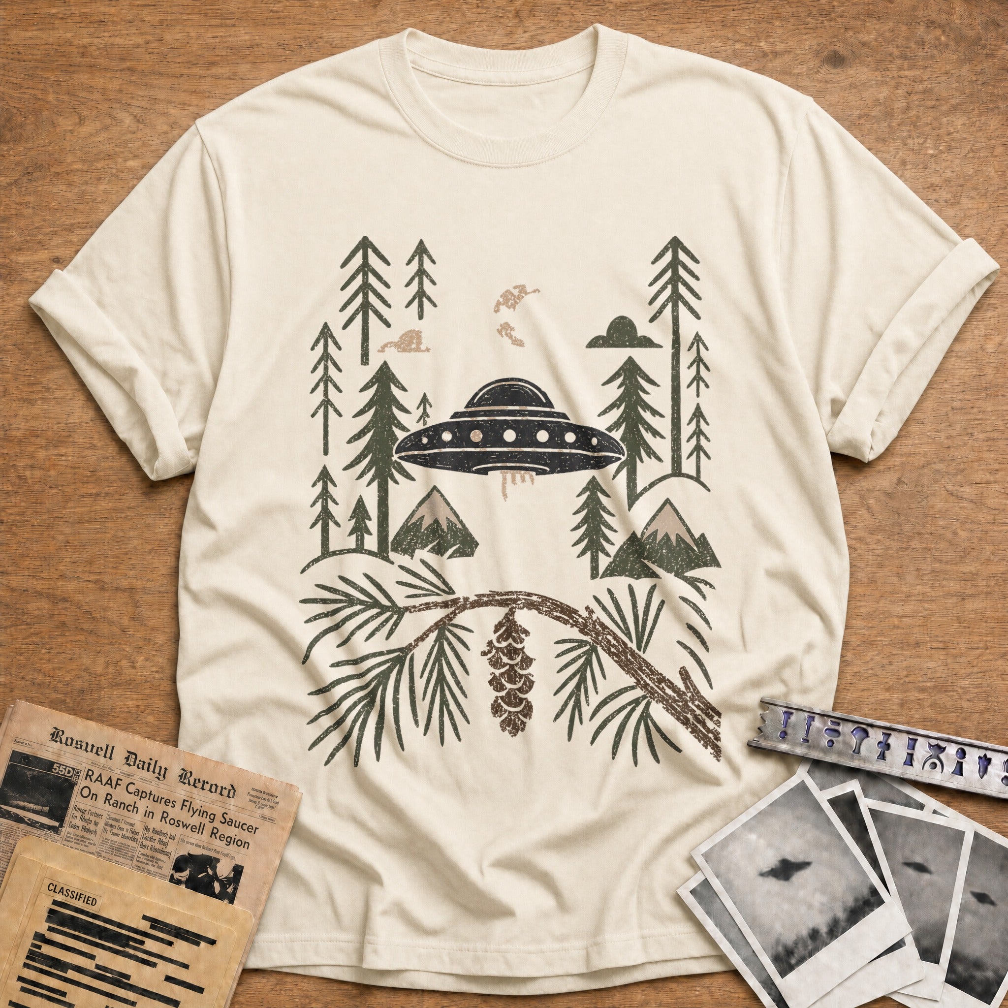 ufo alien abduction forest vintage - Natural