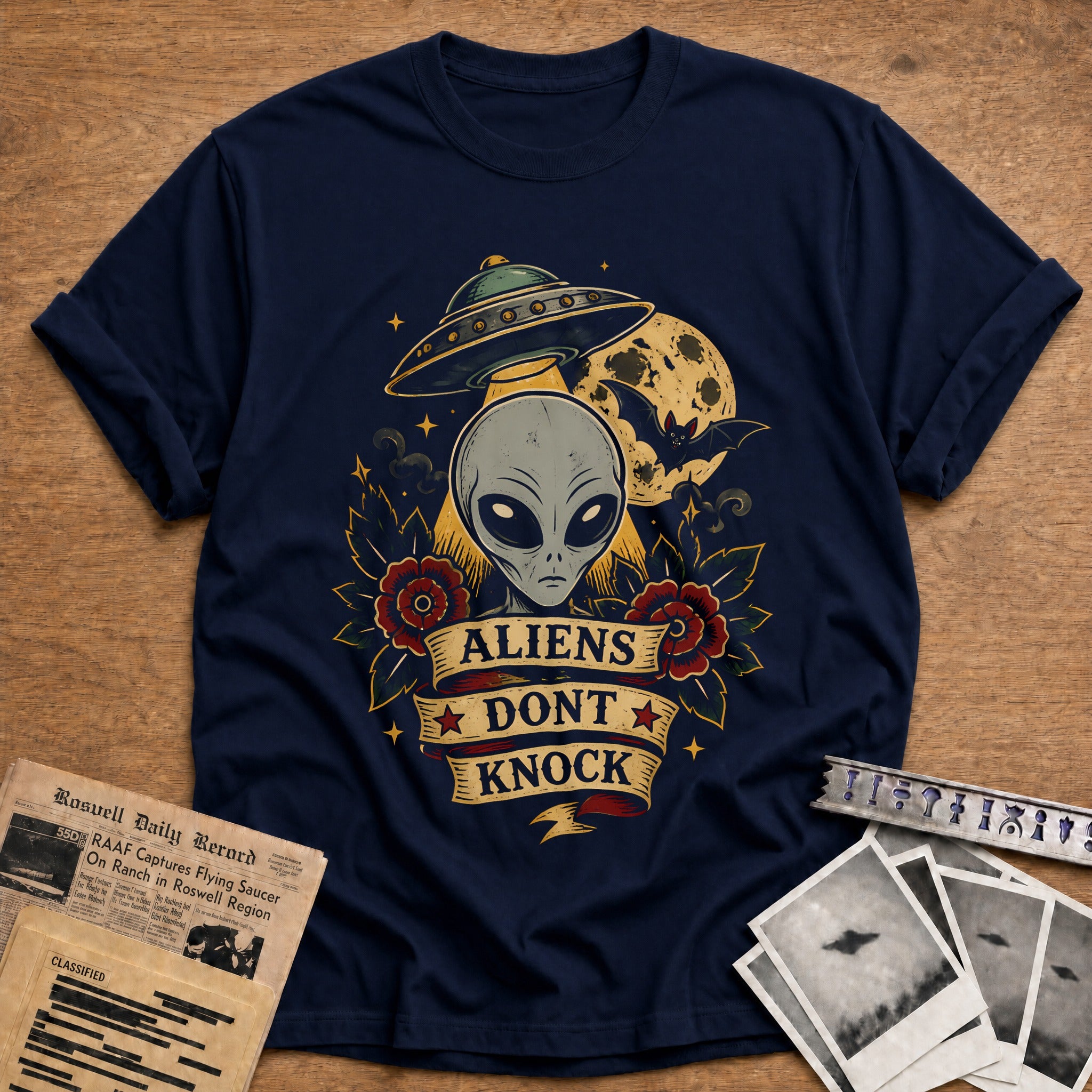 Aliens Dont Knock Tattoo 48 T-Shirt - Navy