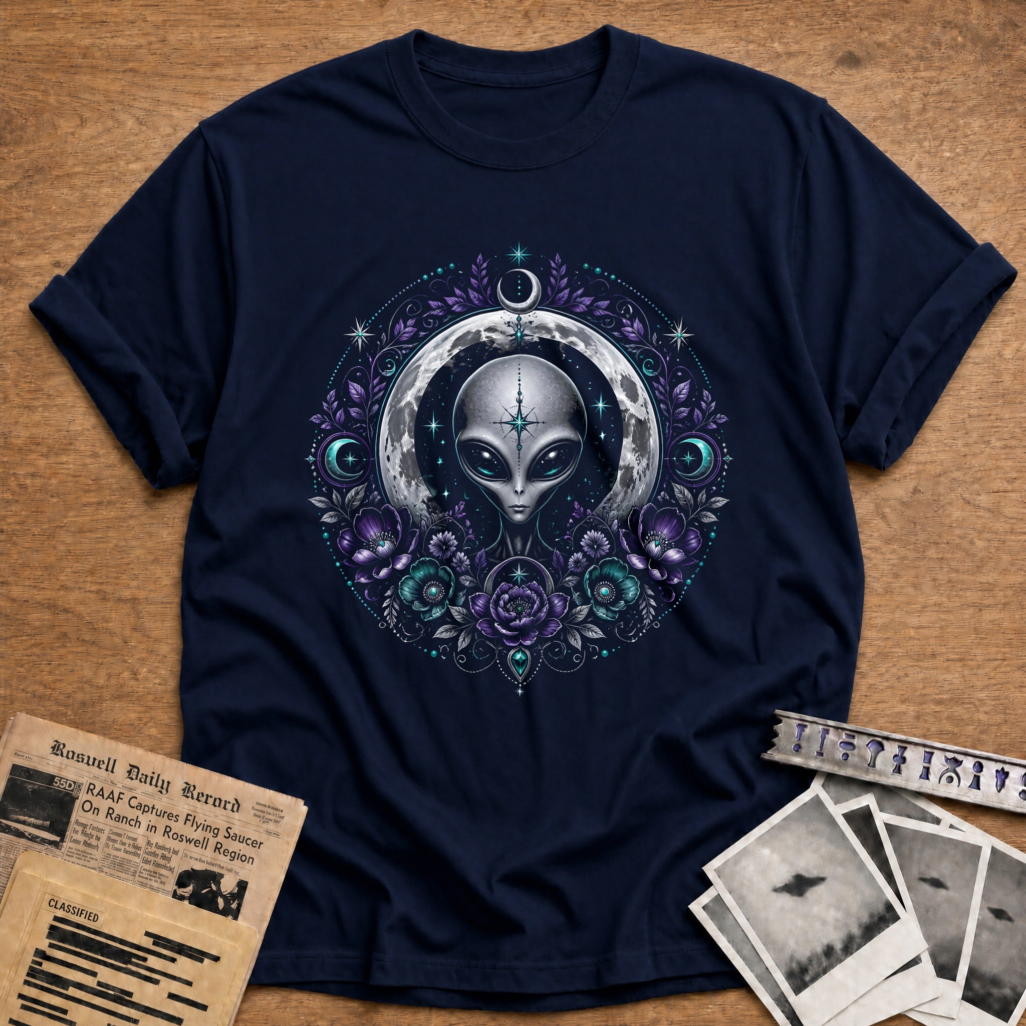 Celestial Alien Moon Purple 79 T-Shirt - Navy