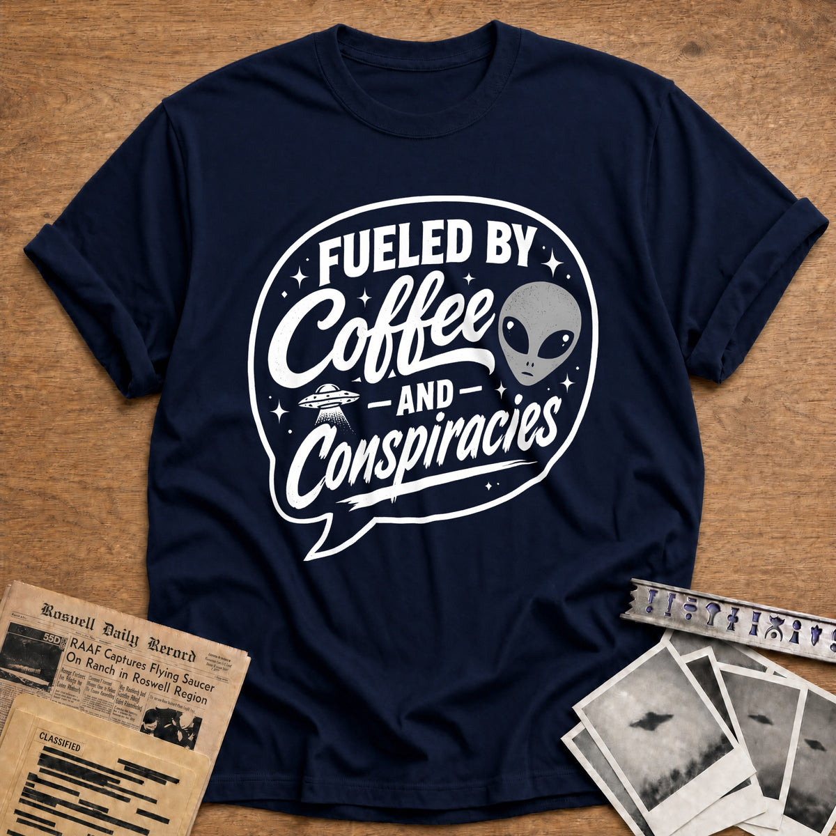 Fueled By Coffee And Conspiracies 35 T-Shirt - Navy