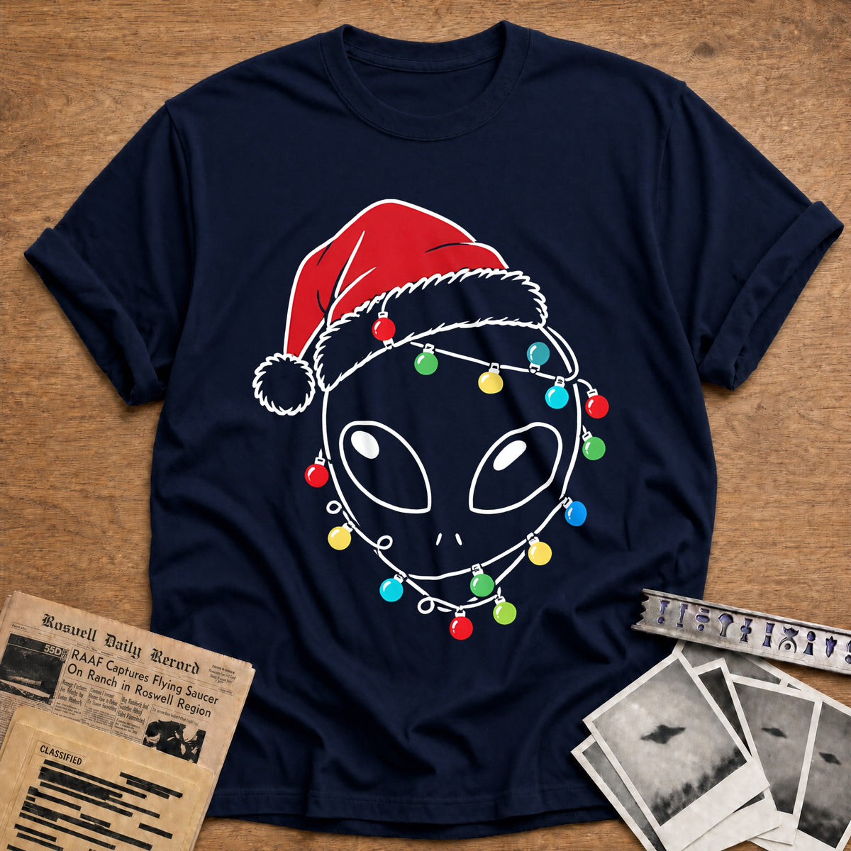 Grey Alien Head Christmas Lights 40 T-Shirt - Navy