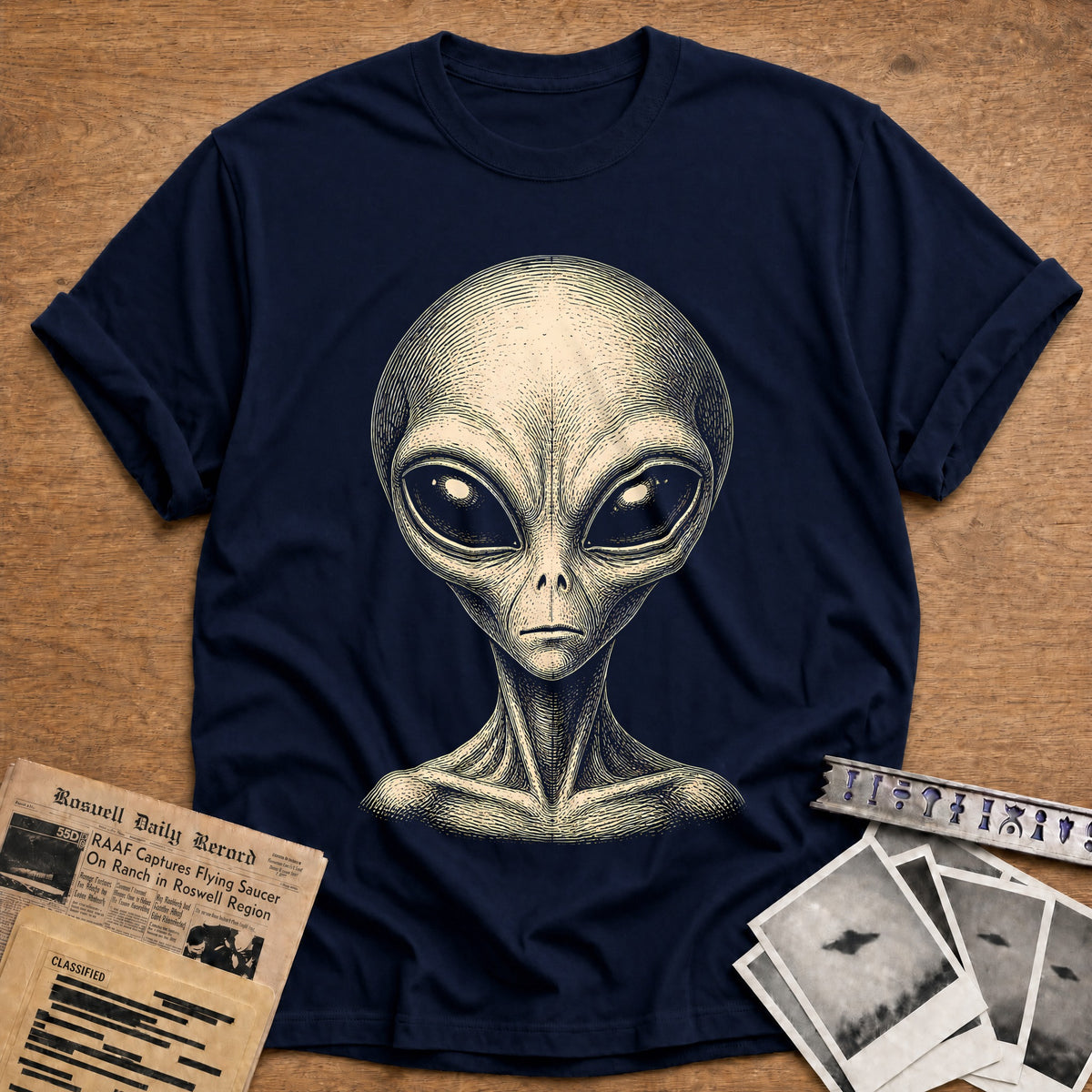 Grey Alien Woodcut 35 T-Shirt - Navy