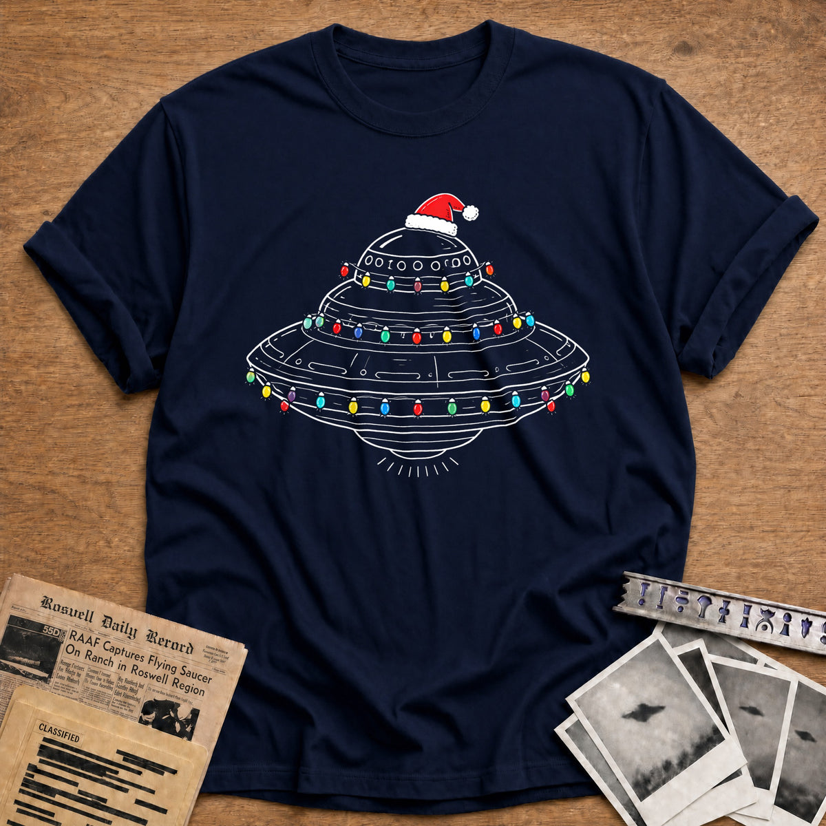Mothership UFO Christmas Lights 54 T-Shirt - Navy