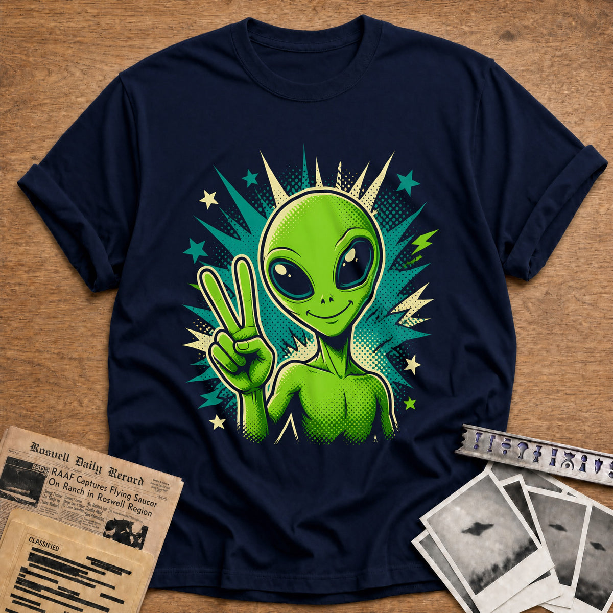 Peace Sign Alien Pop Art 50 T-Shirt - Navy