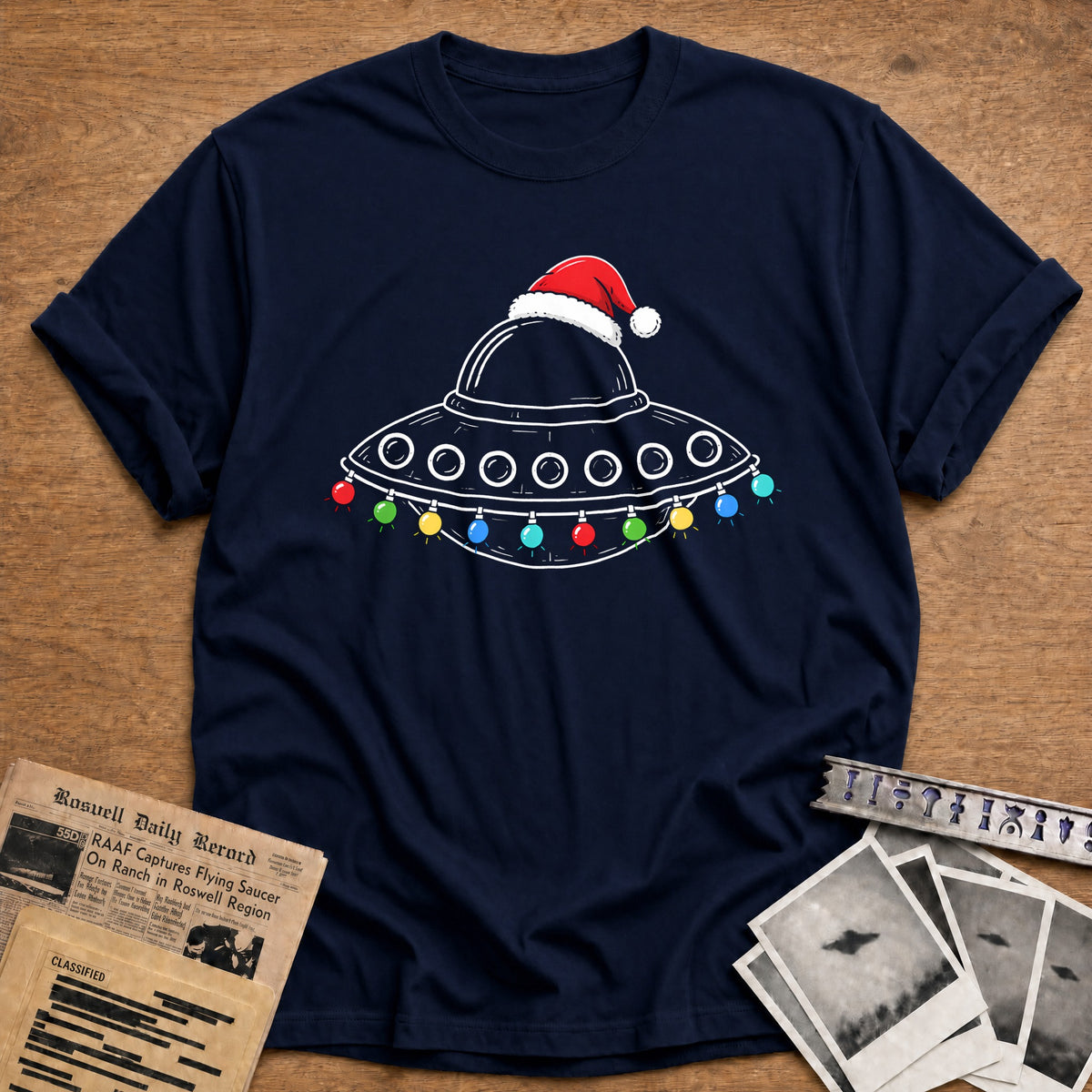 Porthole UFO Christmas Lights 53 T-Shirt - Navy