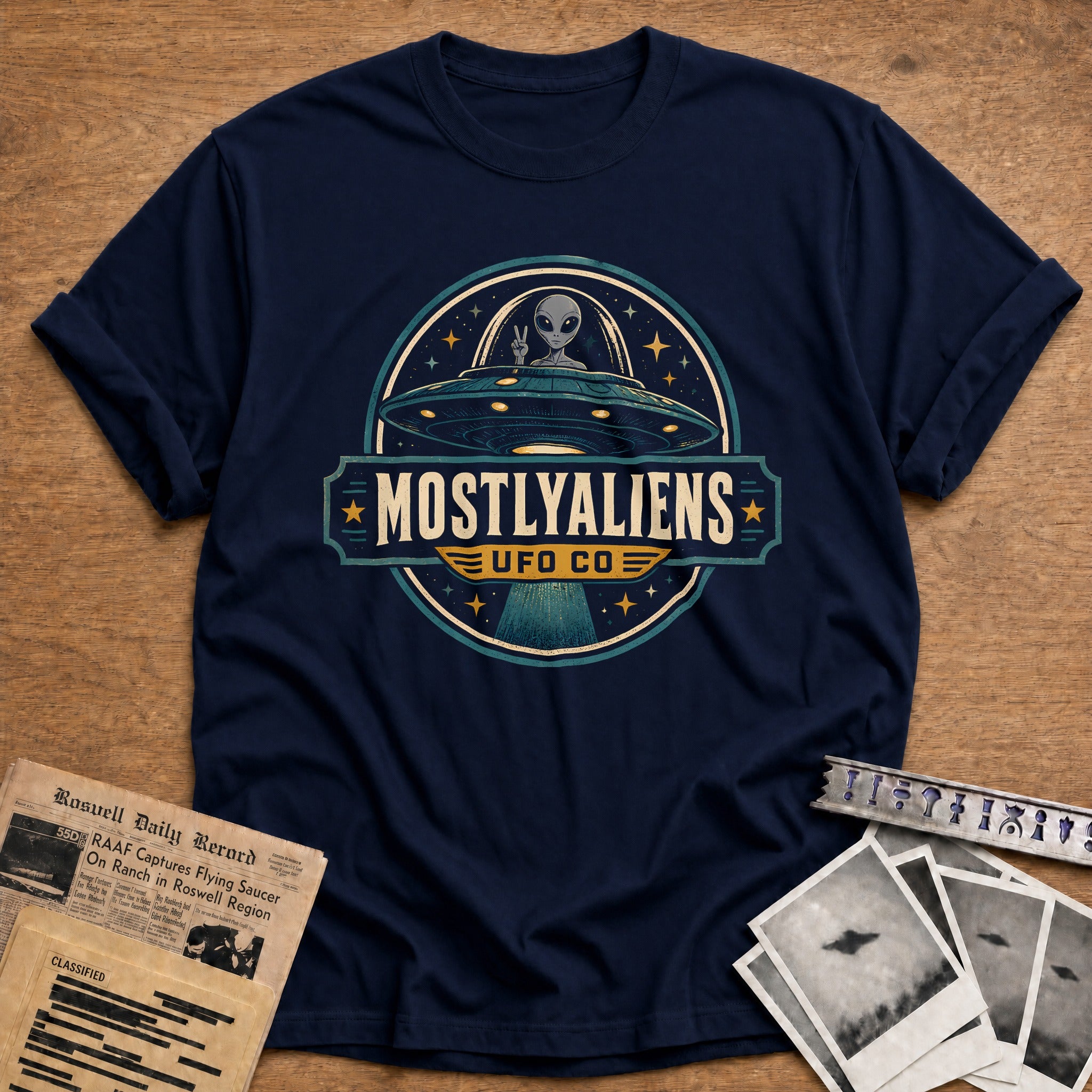 Retro Ufo Badge Teal 21 T-Shirt - Navy