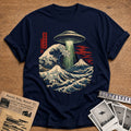 Ufo Over Great Wave 79 T-Shirt - Navy