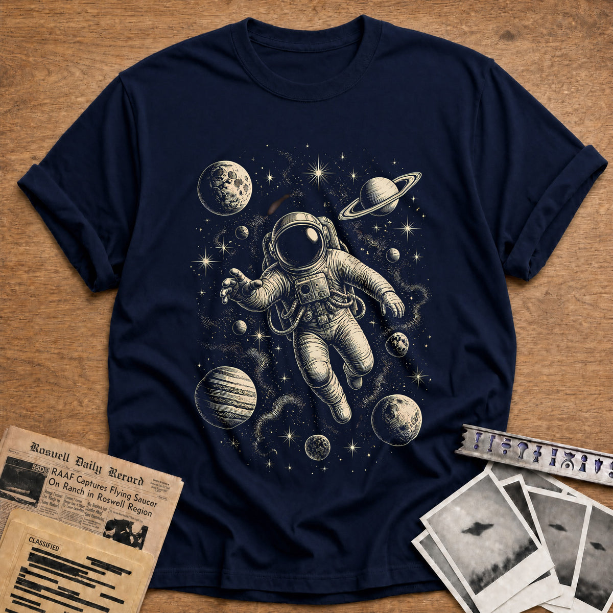 Woodcut Astronaut 26 T-Shirt - Navy