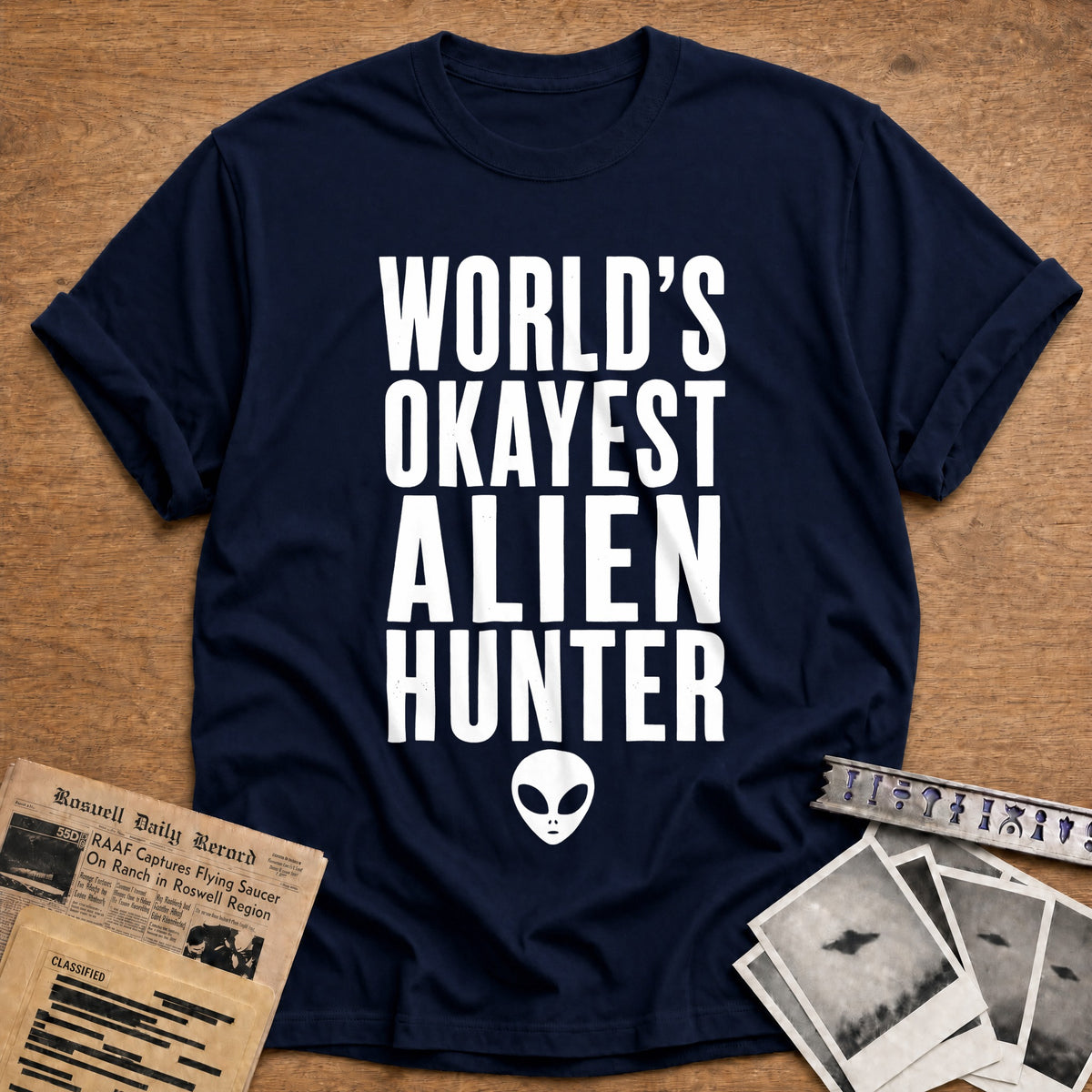 Worlds Okayest Alien Hunter 93 T-Shirt - Navy