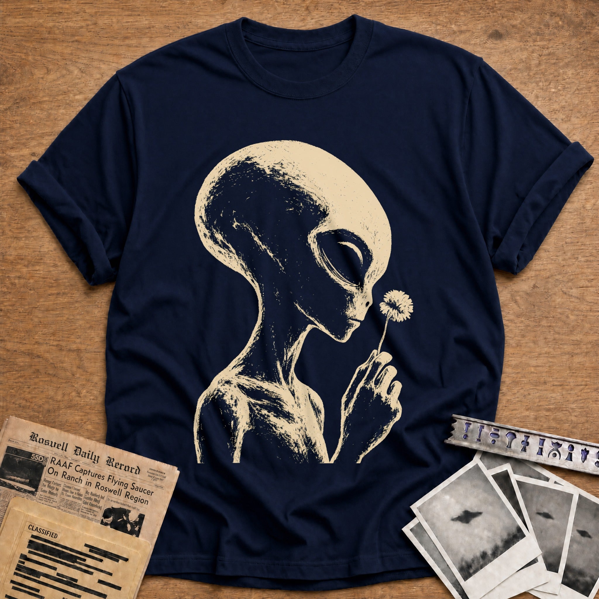 alien holding daisy extraterrestrial vintage - Navy