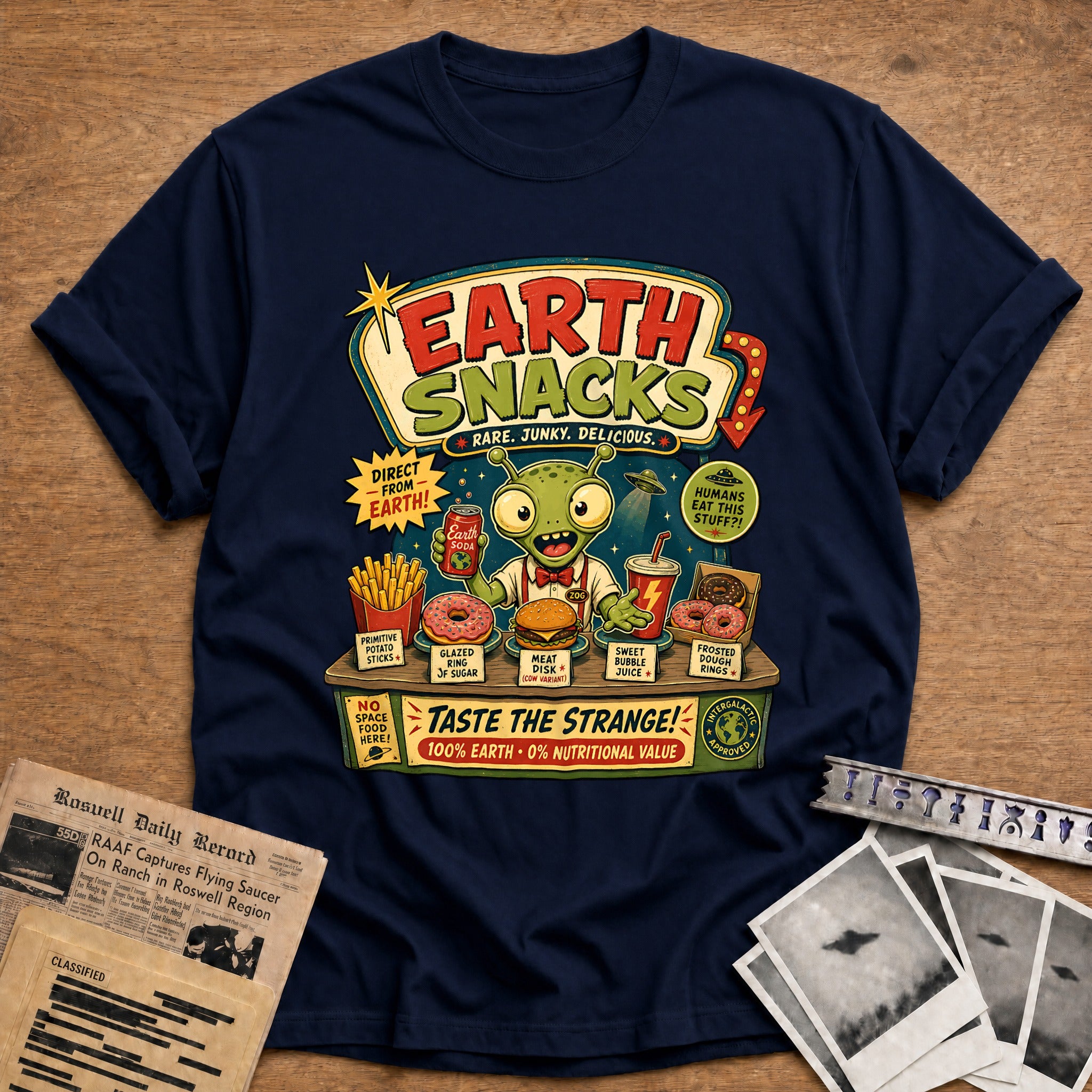 earth snacks alien food funny retro - Navy