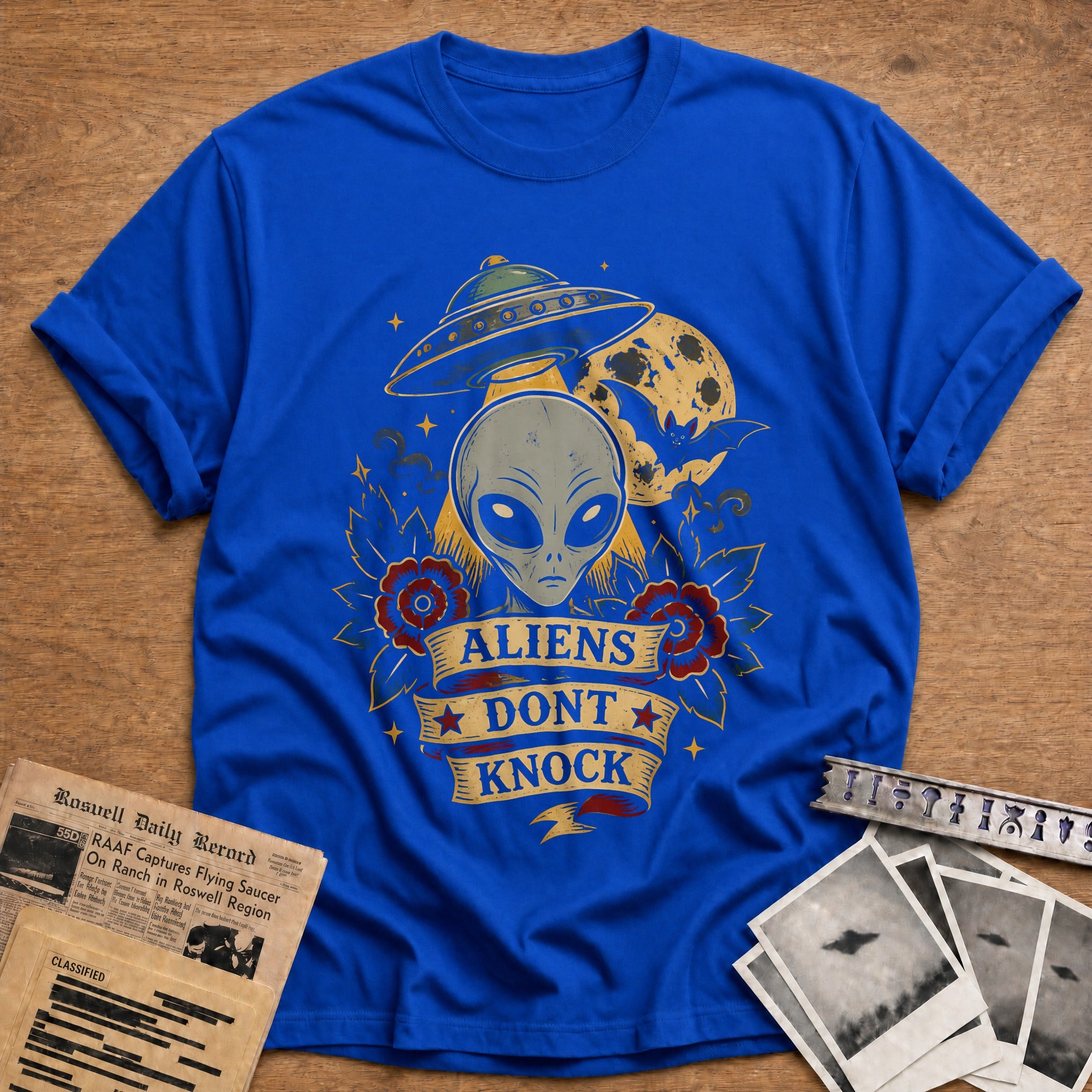 Aliens Dont Knock Tattoo 48 T-Shirt - Royal