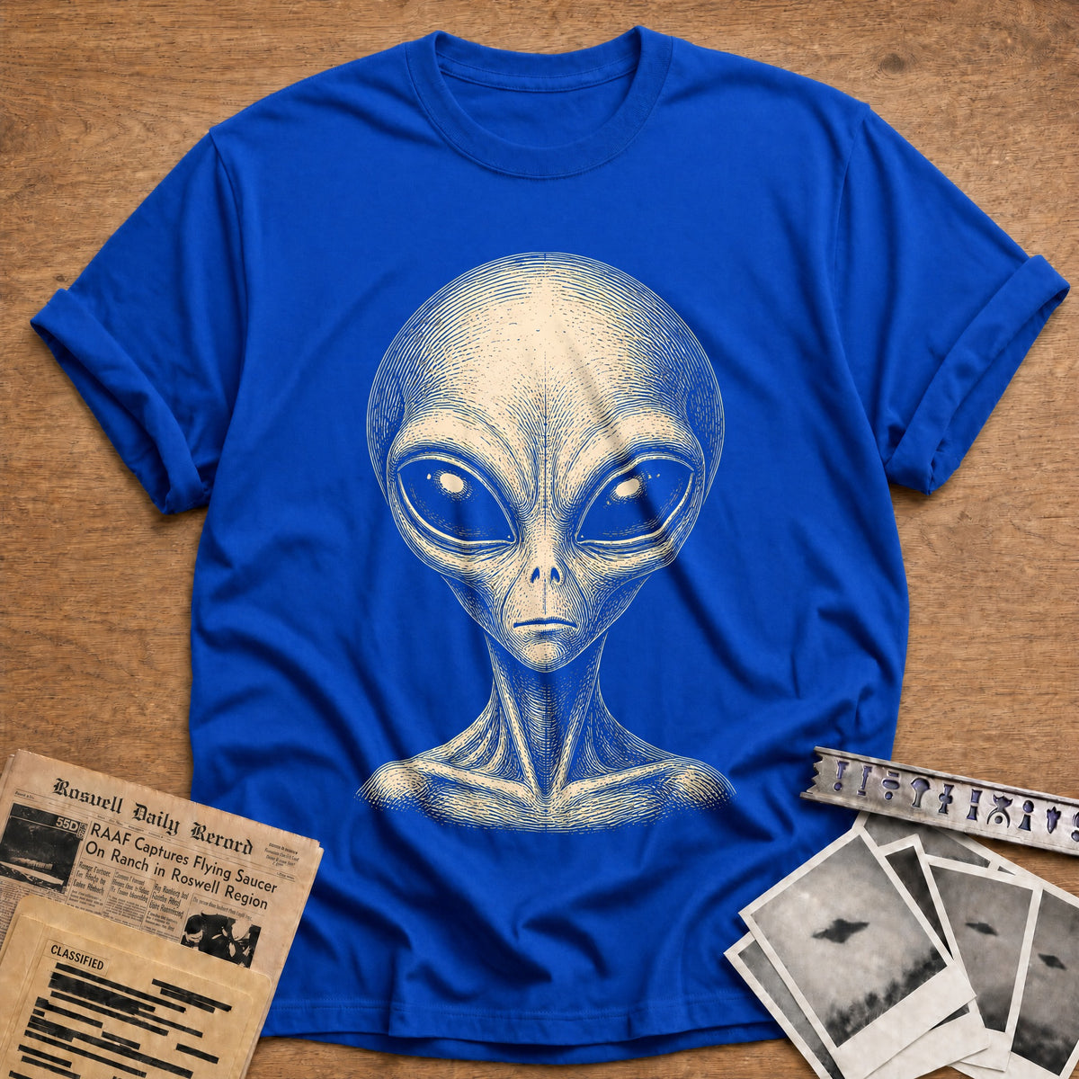 Grey Alien Woodcut 35 T-Shirt - Royal