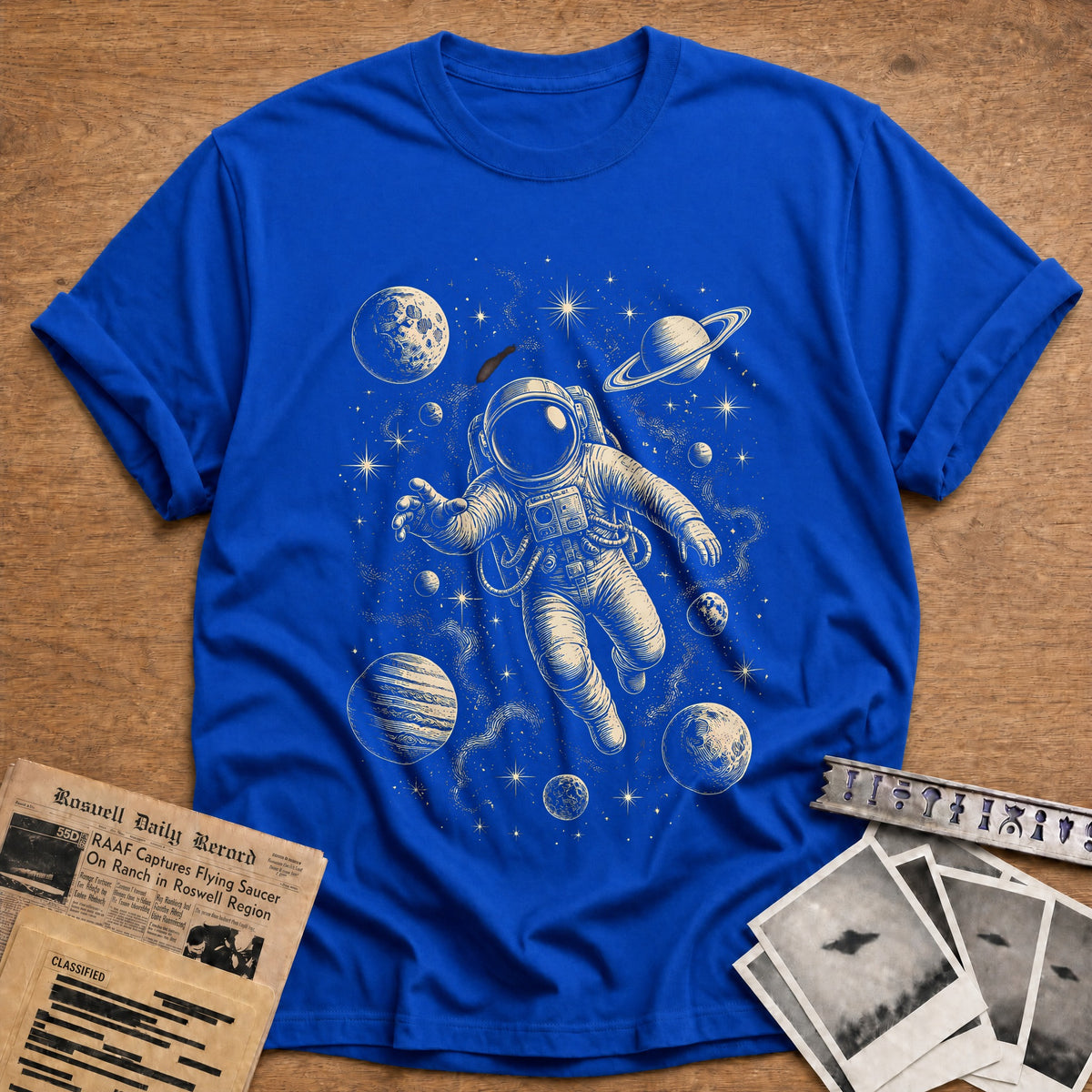 Woodcut Astronaut 26 T-Shirt - Royal