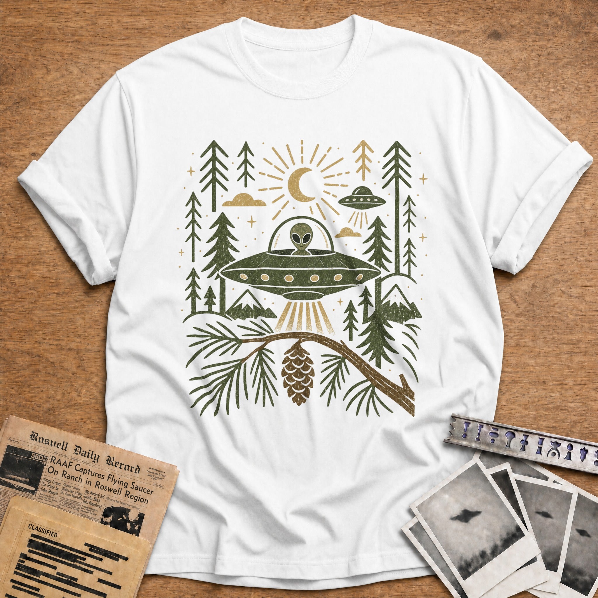 alien ufo forest vintage - White