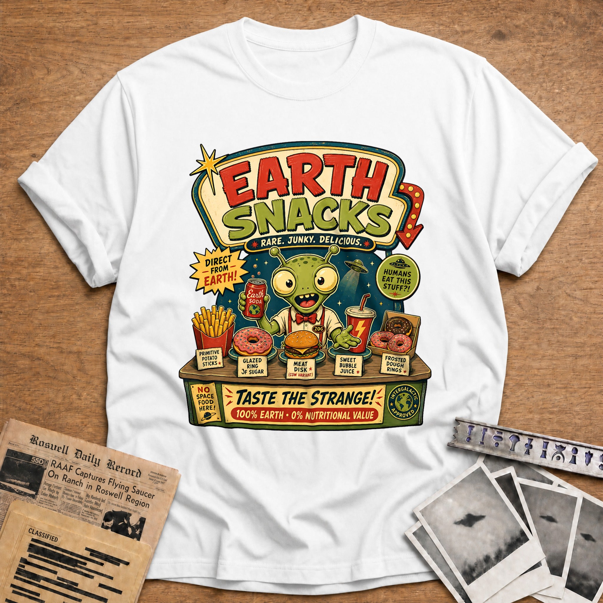 earth snacks alien food funny retro - White