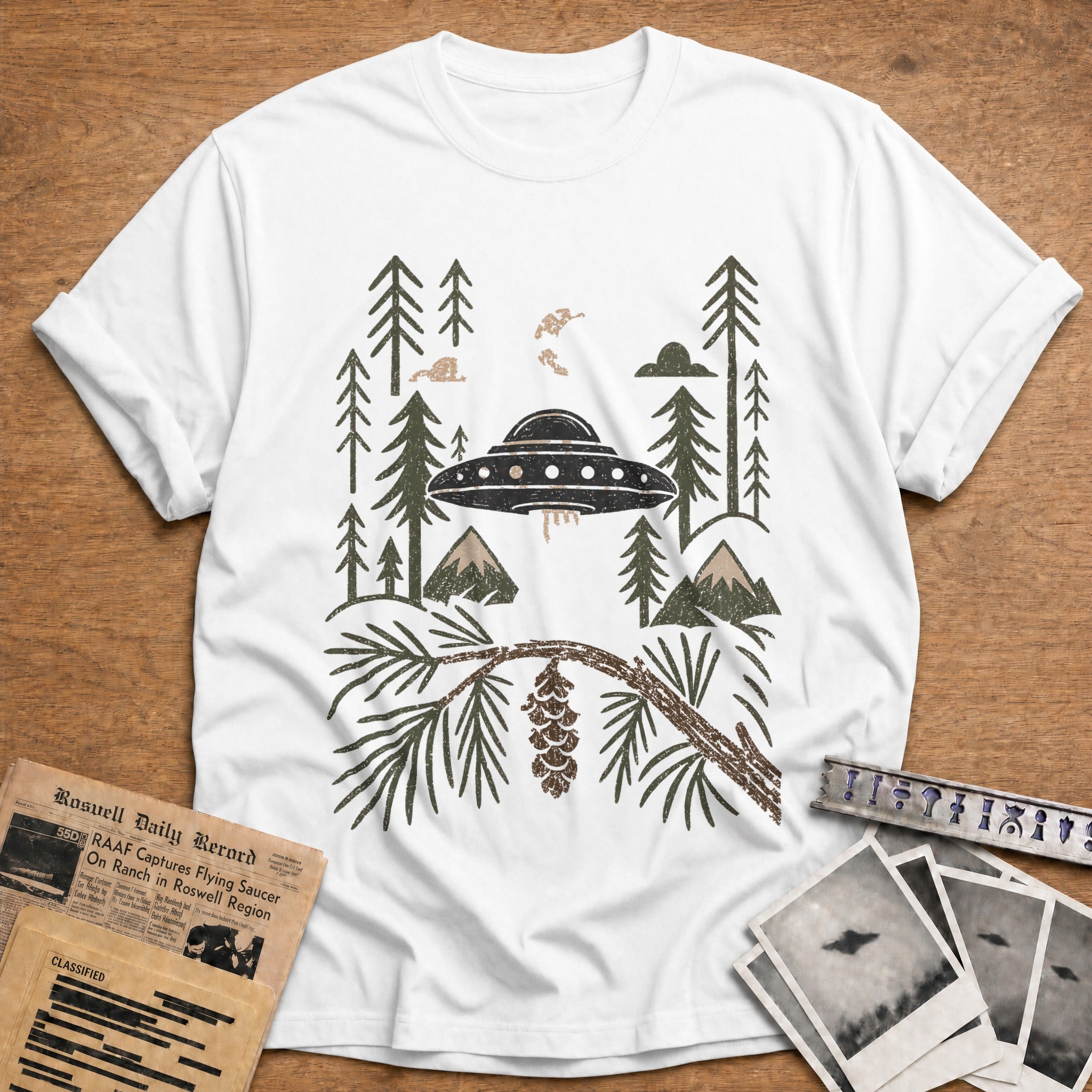 ufo alien abduction forest vintage - White